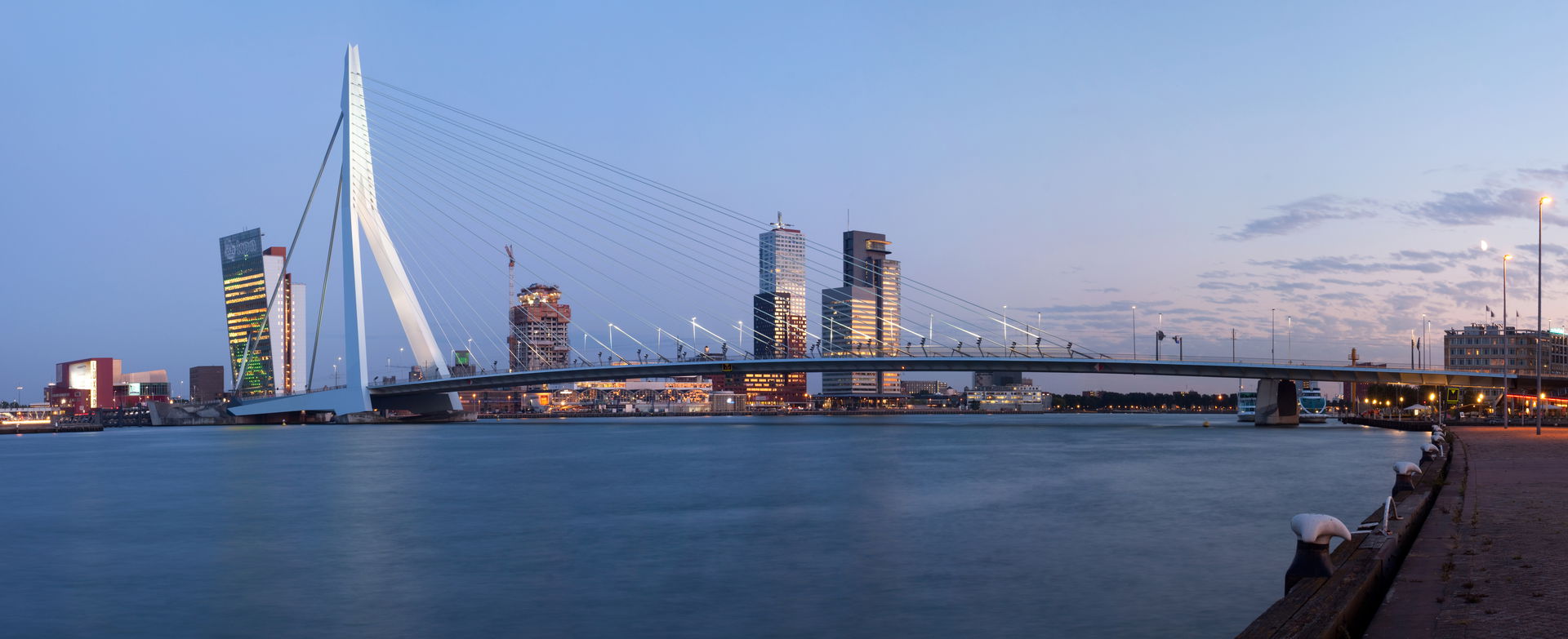 A panorama of the Erasmus Bridge and the River Meuse in the Dut…