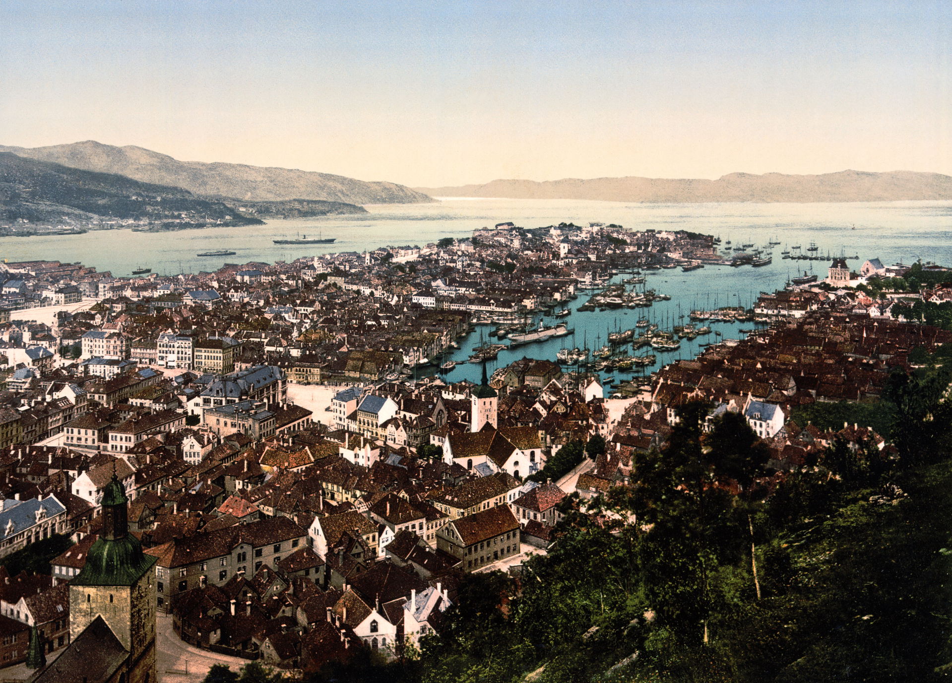 A panoramic view of the city of Bergen in Hordaland, Norway.