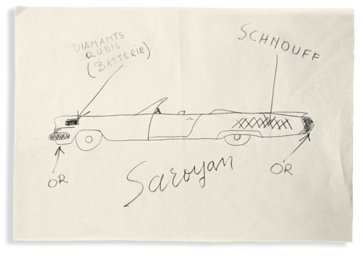 The drawing of the Cadillac DeVille signed Sa... Sa... Saroyan,…