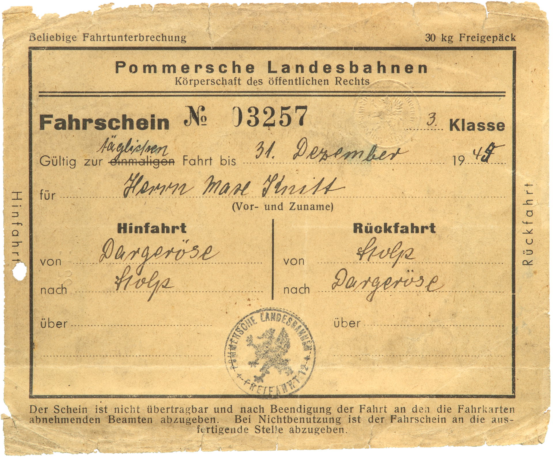 This ticket was issued to Mr. Max Knitt, a railway employee of …