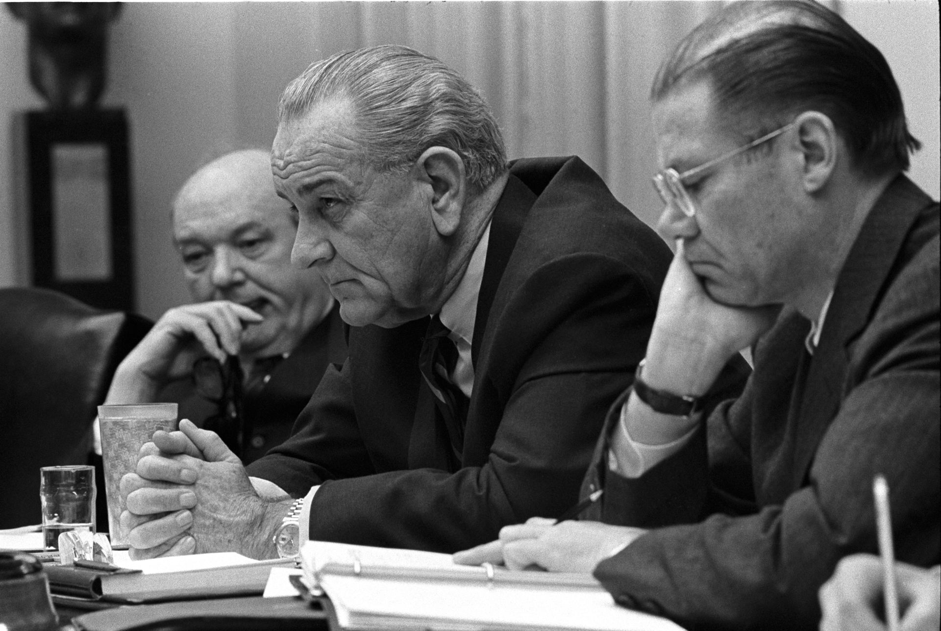 Secretary of State Dean Rusk, President Lyndon B. Johnson, and …