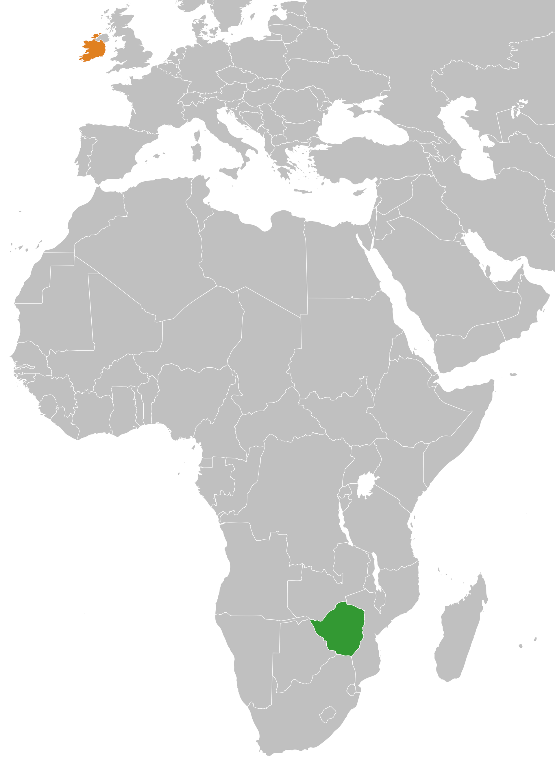 Map showing locations of Zimbabwe and the Republic of Ireland