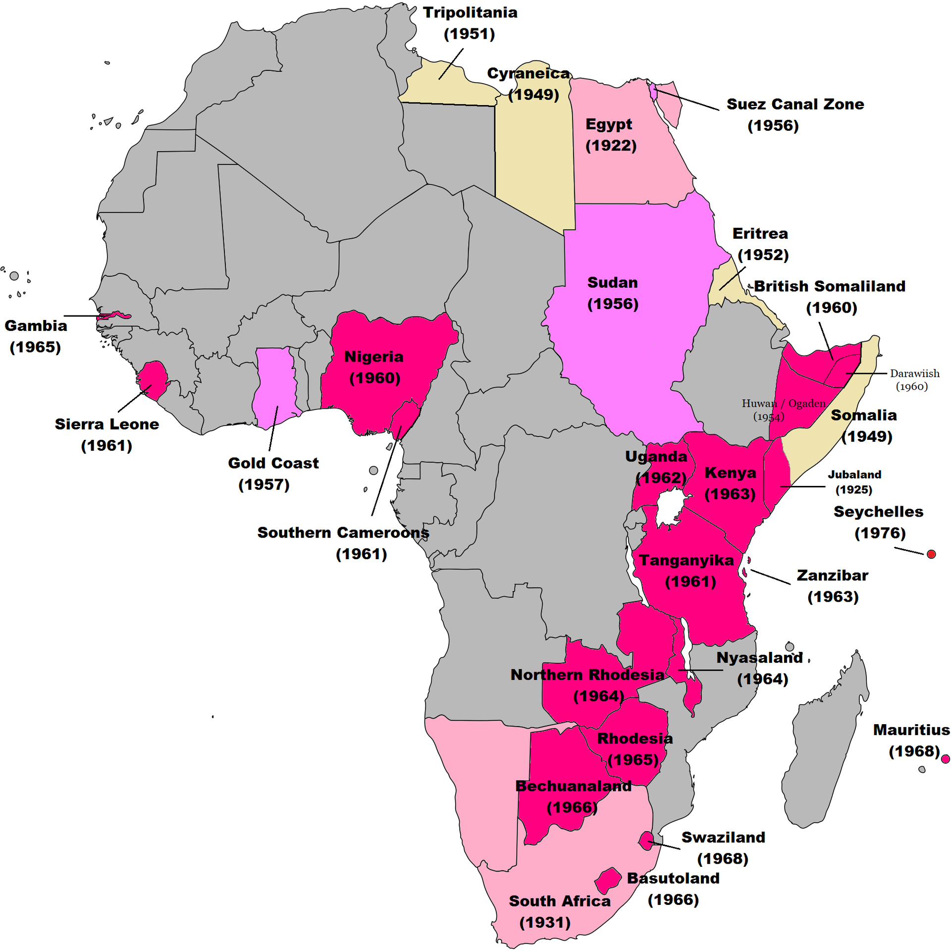 Map of British decolonisation in Africa. The beige areas were u…