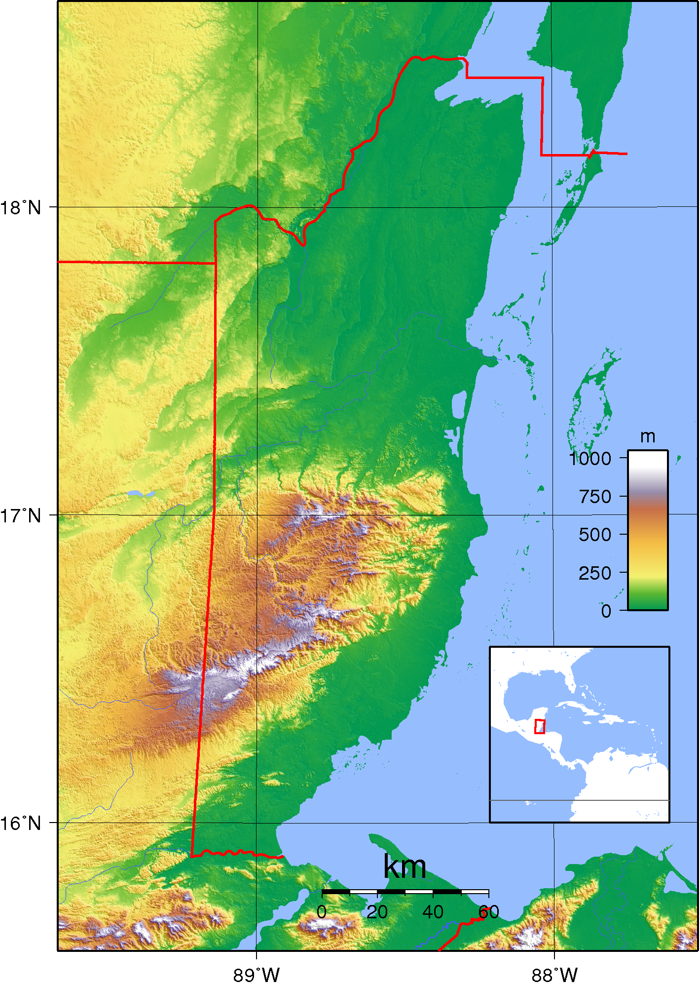 Topographic map of Belize. Created with GMT from SRTM data.