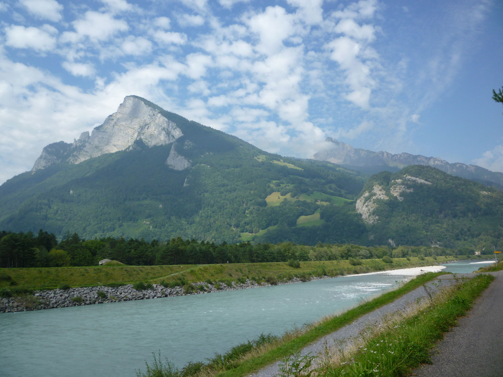 The Rhine in Balzers; view on the Gonzen