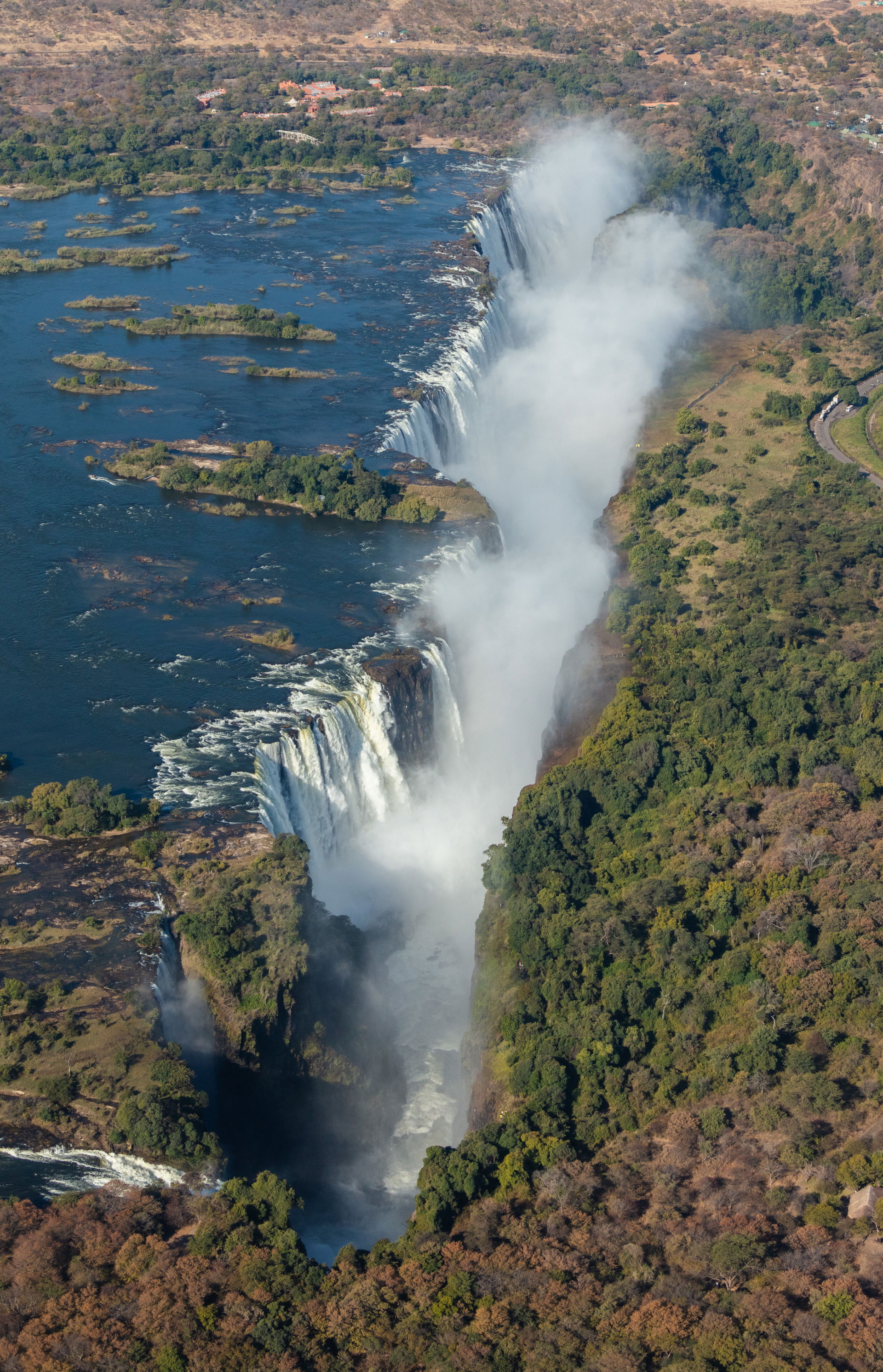 Aerial view of the Victoria Falls of the Zambezi River, border …
