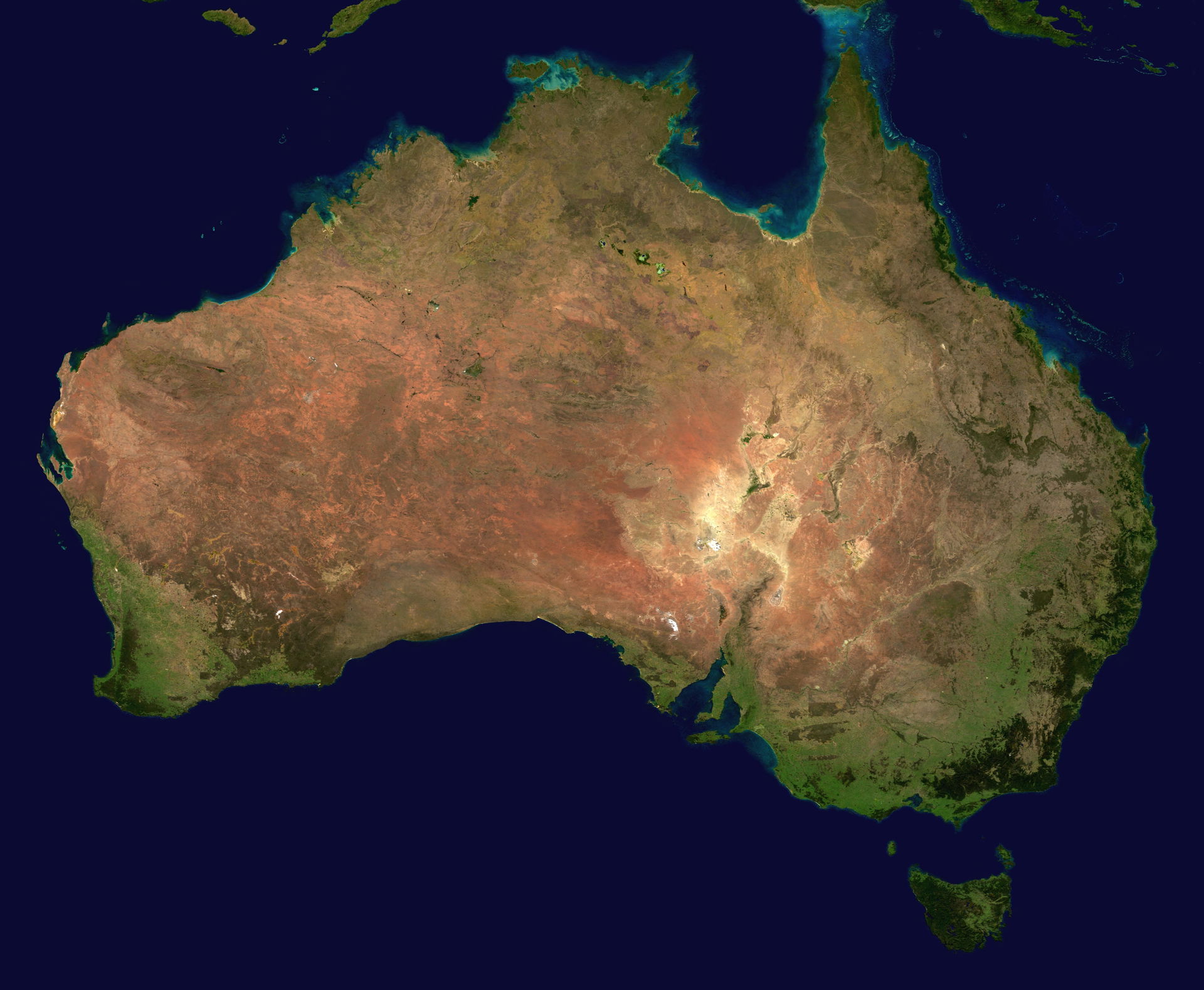 A composed satellite photograph of Australia.