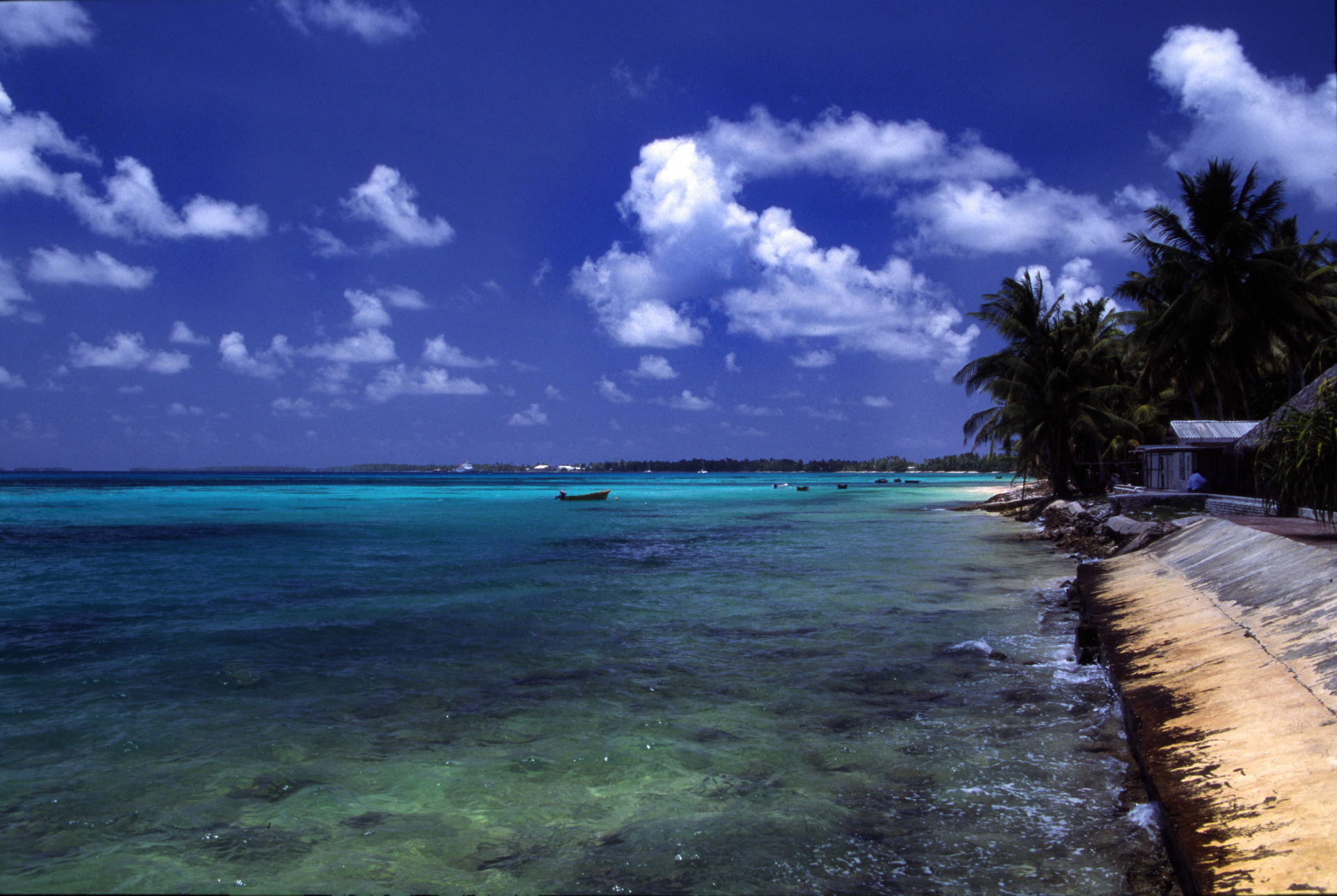A beach at Funafuti atoll, Tuvalu, on a sunny day.