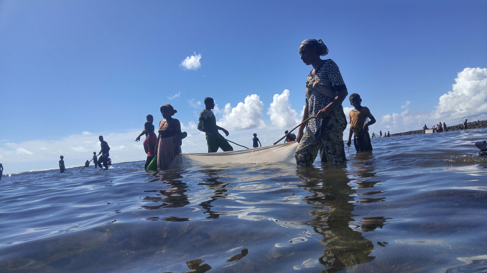 Women fishing with nets off the coast of Anjouan, one of the th…