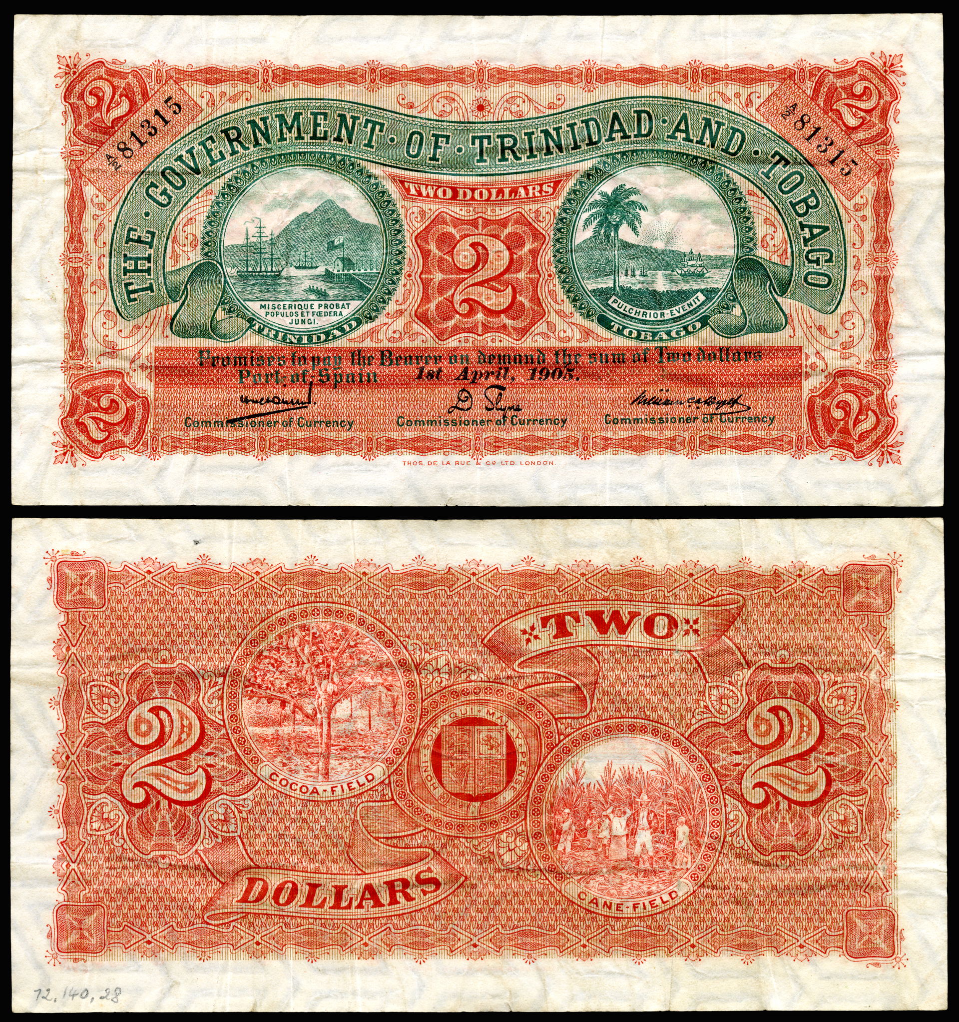 Trinidad &amp; Tobago, Two Dollars (1905). First issue of paper…