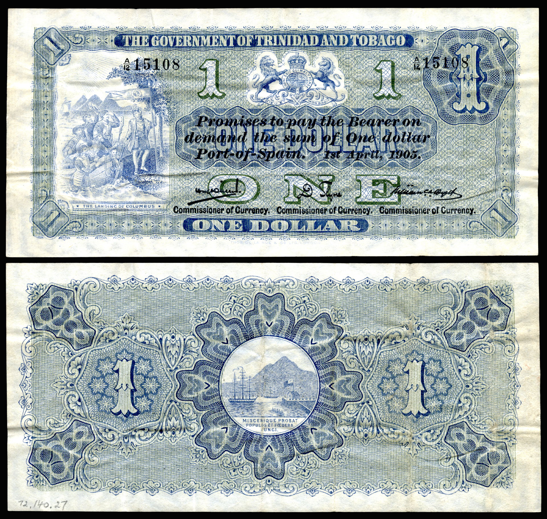 Trinidad &amp; Tobago, One Dollar (1905). First issue of paper …