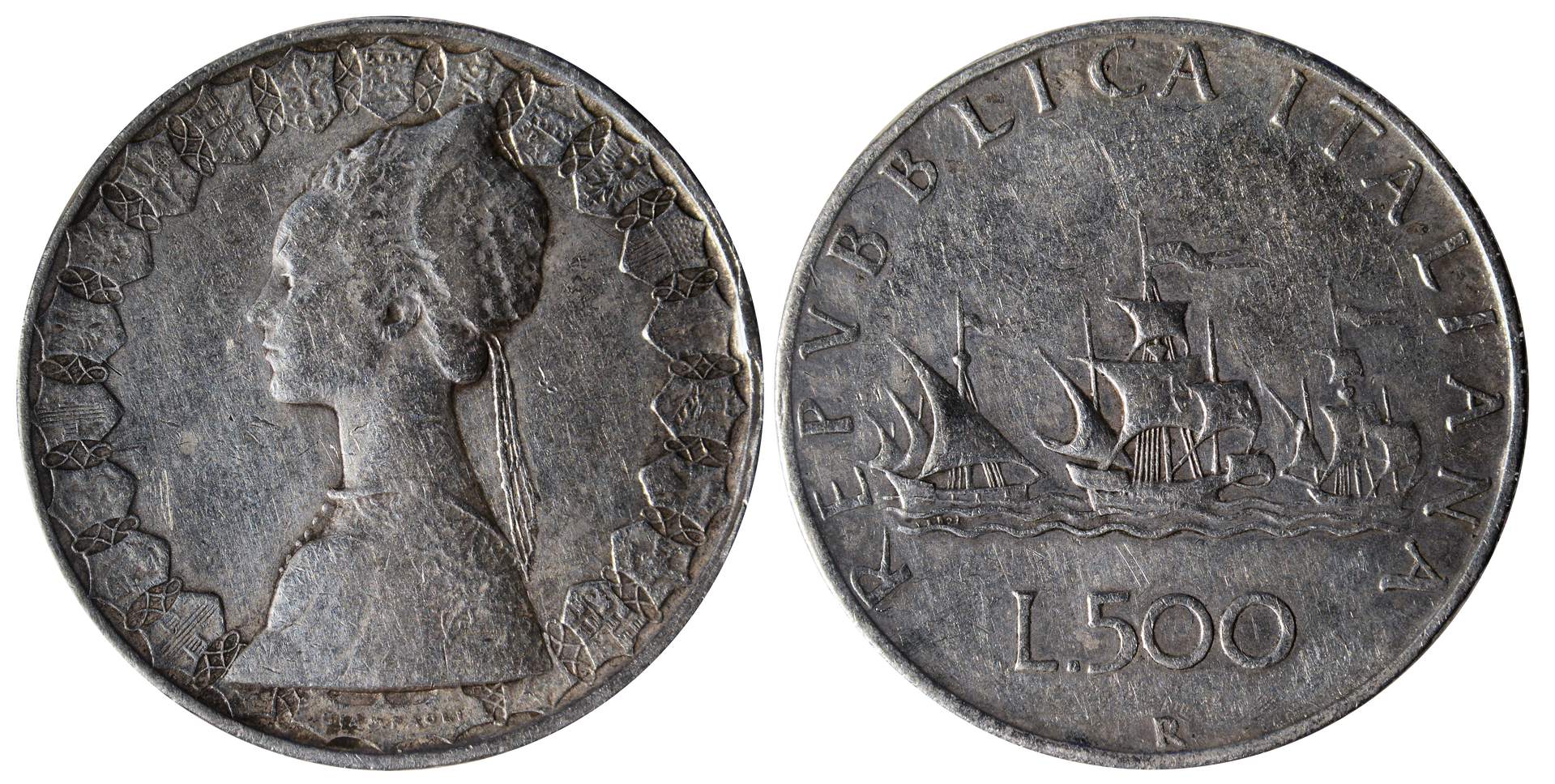 Coins of the Italian Republic (500 Lire) silver (Caravels)