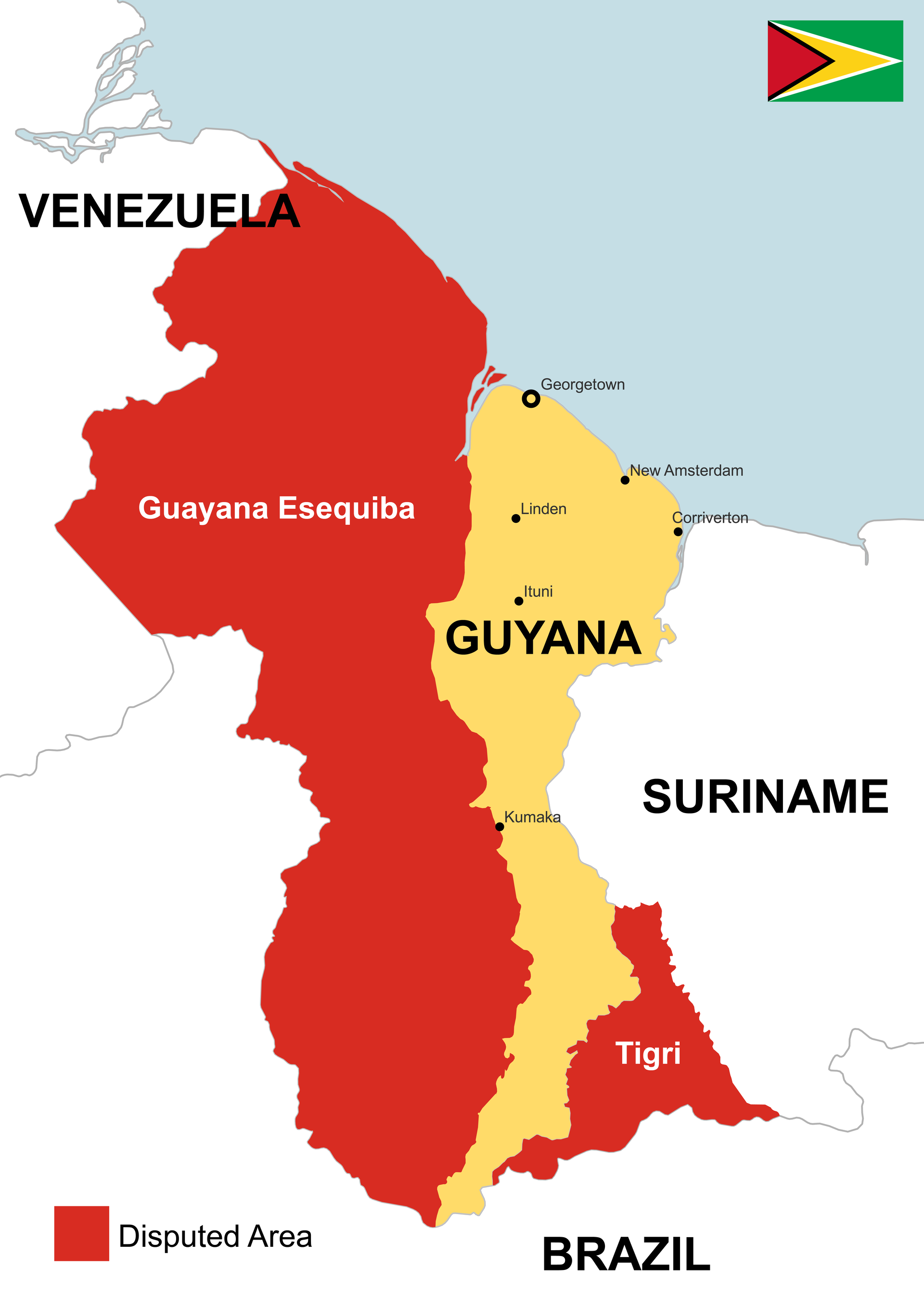 Map of Guyana showing the their disputed territories in a red c…