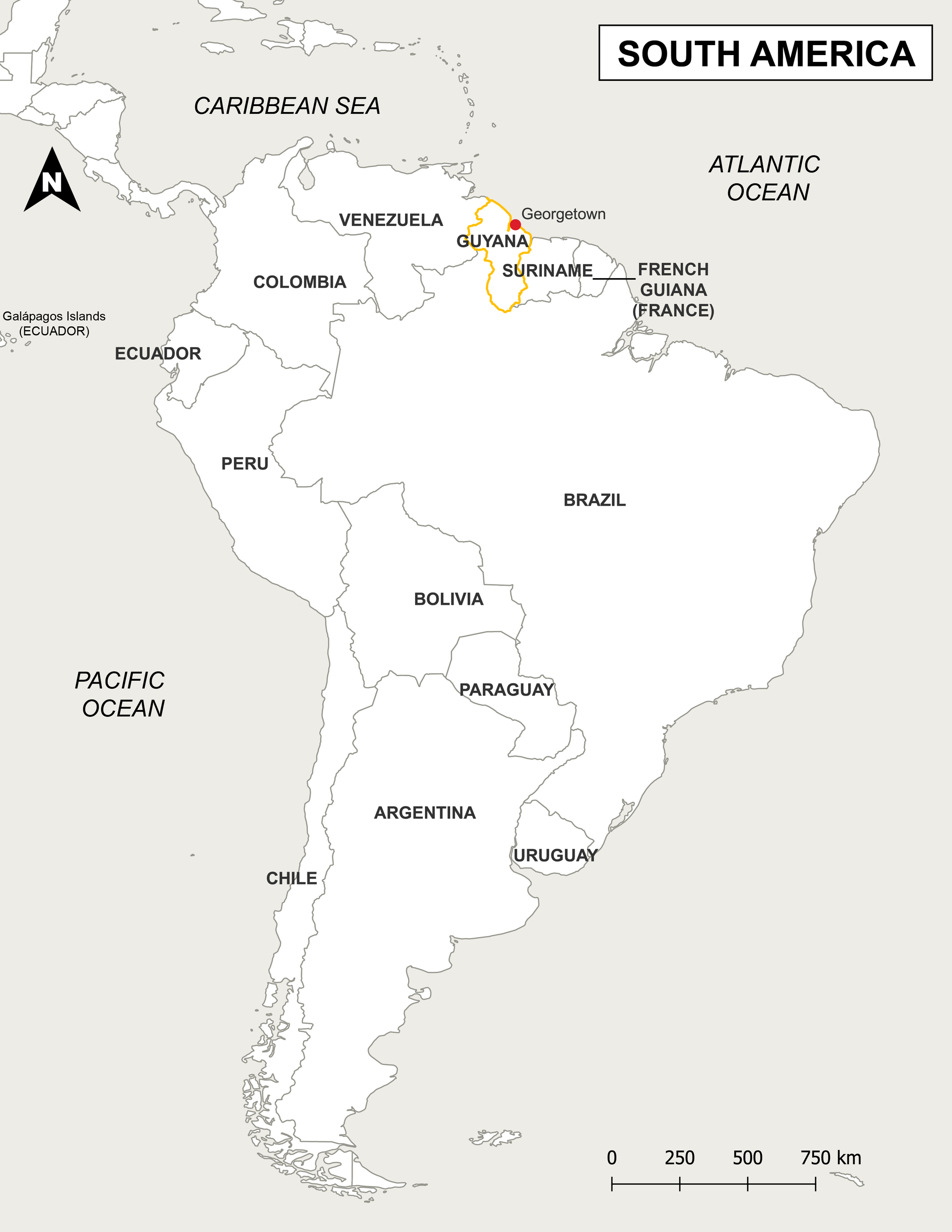 This is a map of South America showing the outline and capital …