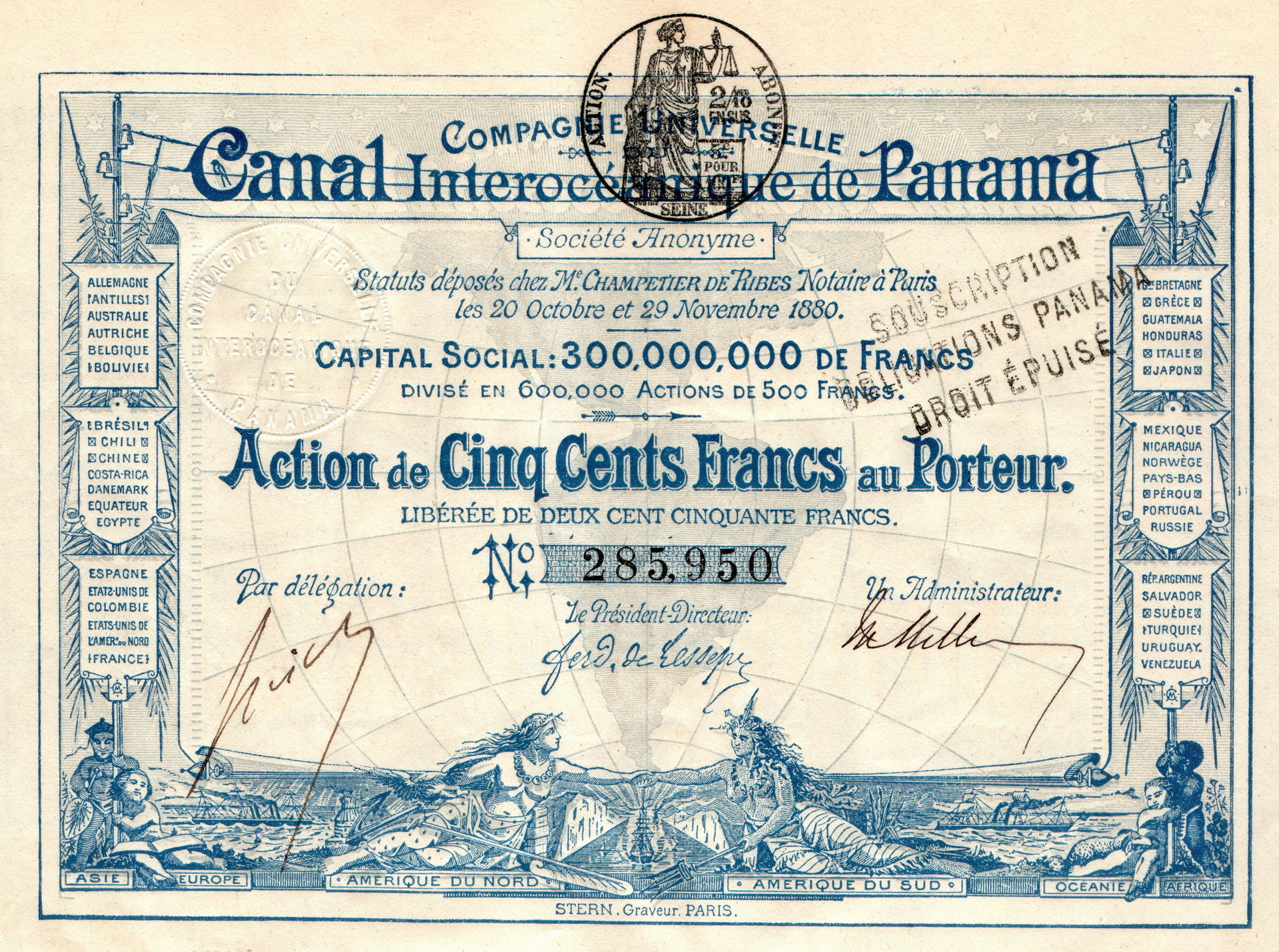 Share of 500 Francs of Panama Canal, issued November 20./29, 18…