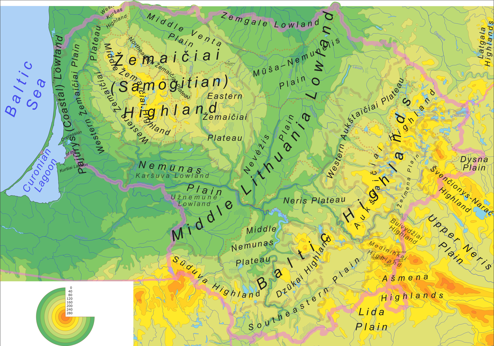 Physical map and geomorphological subdivision of the Lithuania.…