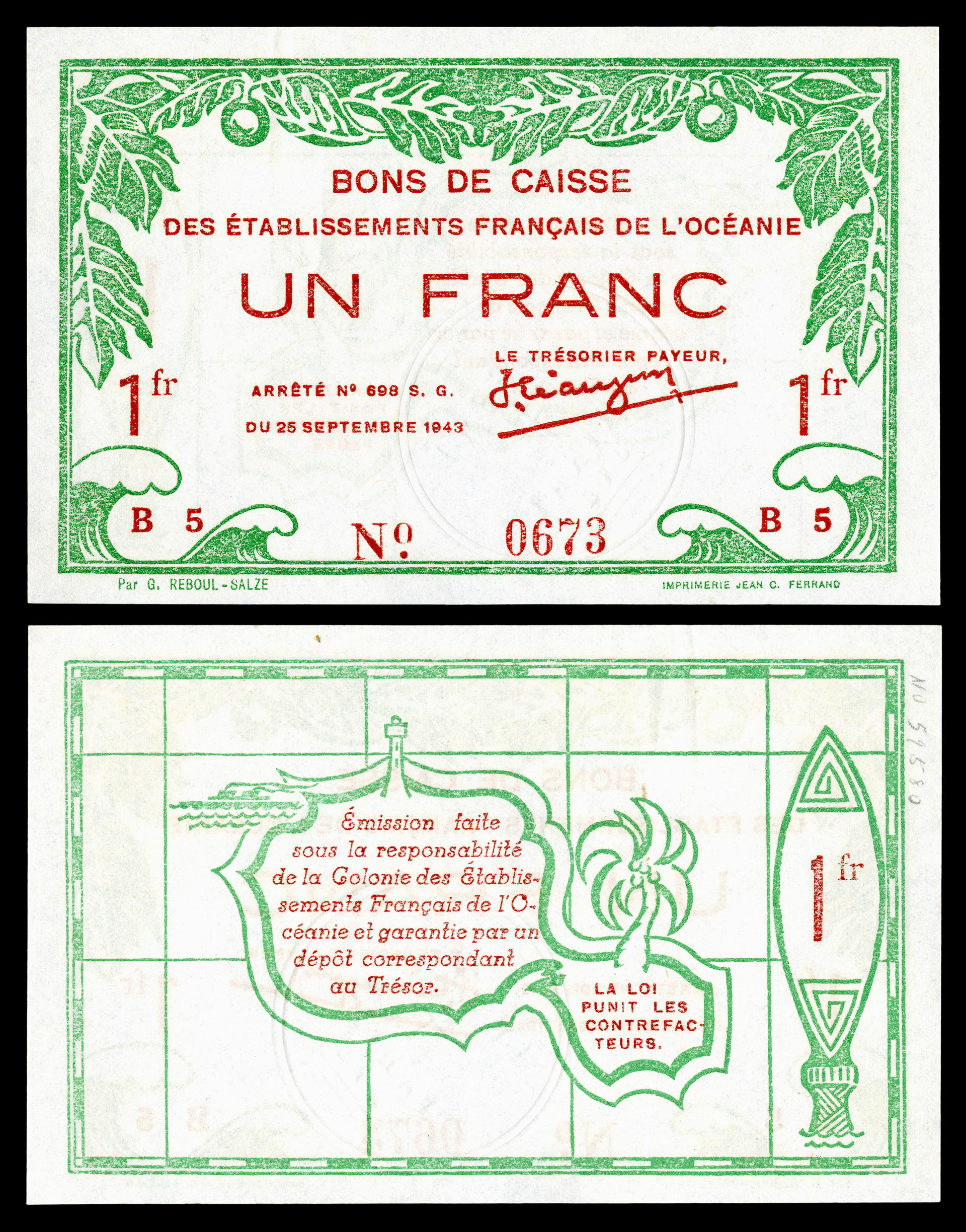 French Oceania, WWII emergency issue currency, 1  franc (1943).…