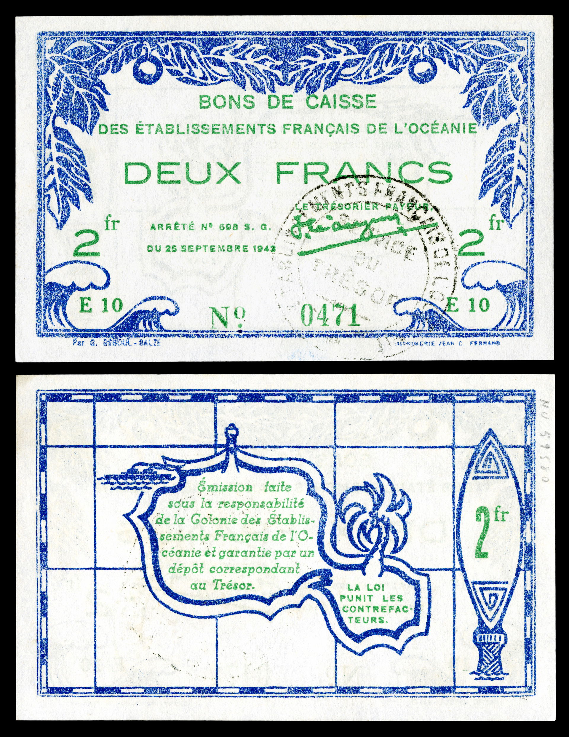 French Oceania, WWII emergency issue currency, 2  francs (1943)…