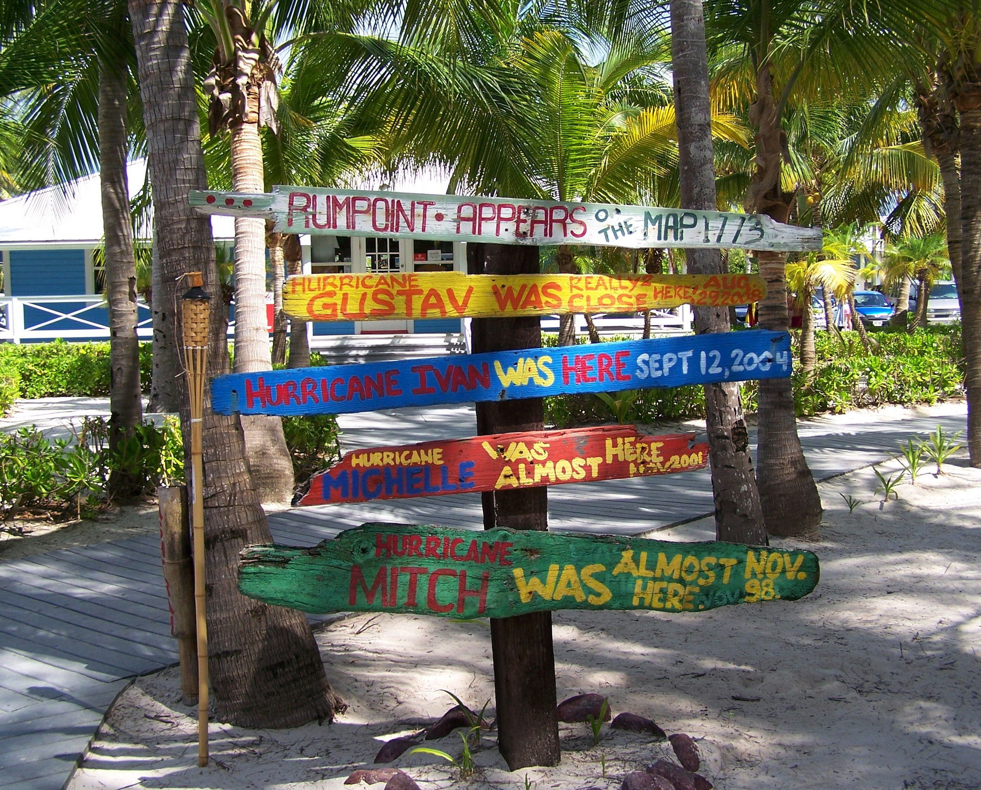 Signs denoting past hurricanes, Rum Point - Grand Cayman Island