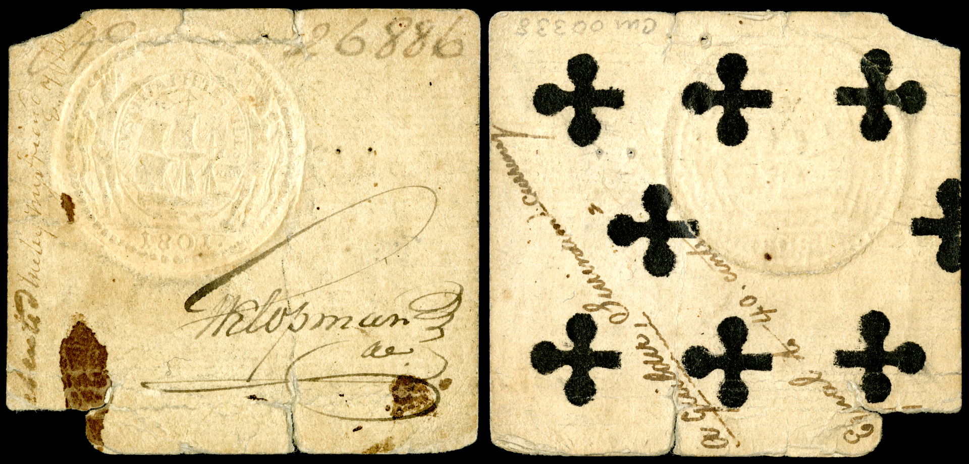 One guilder, playing card money, issued 1801 in Dutch Guiana. P…