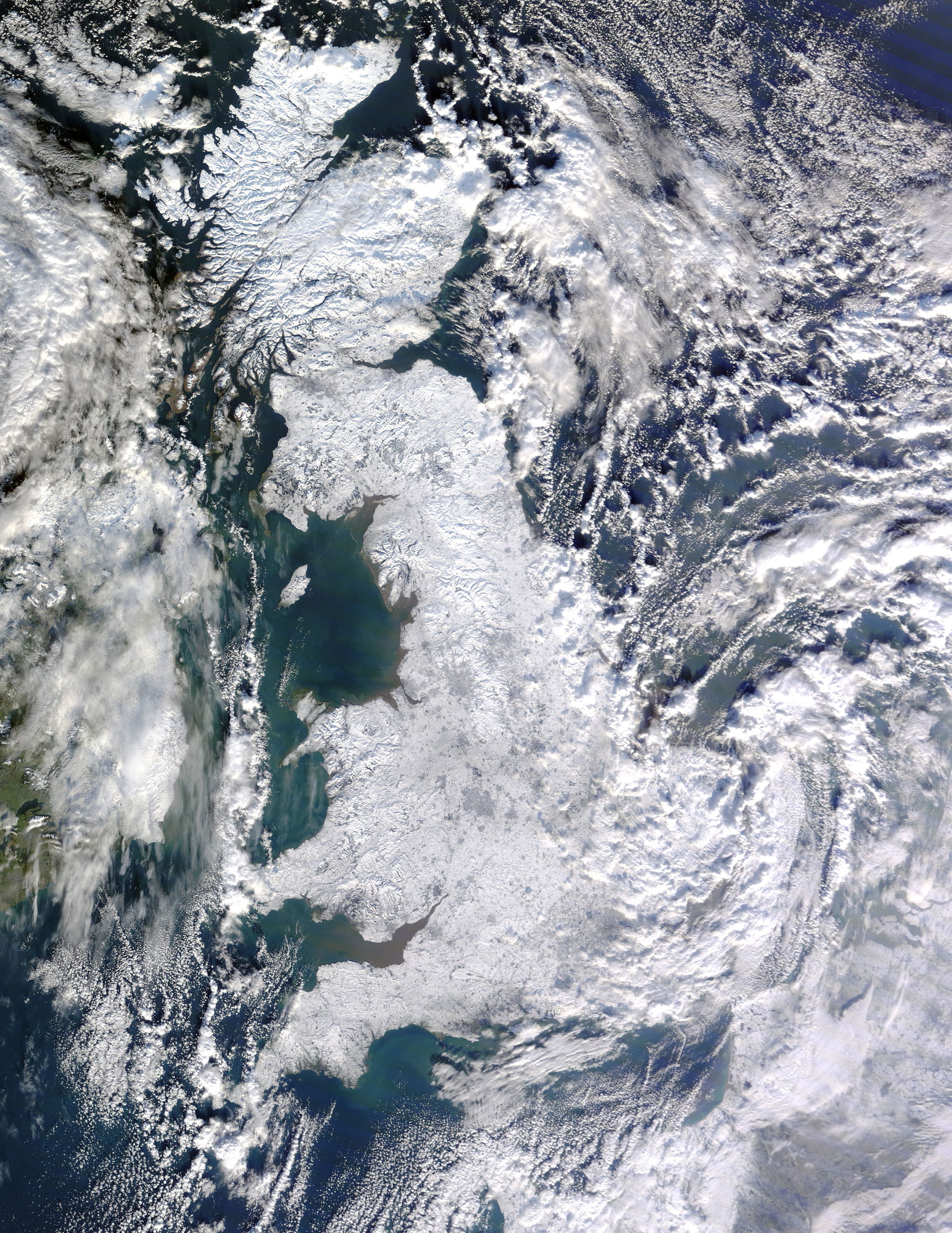 Satellite image of snow-covered Great Britain on 7 January 2010…