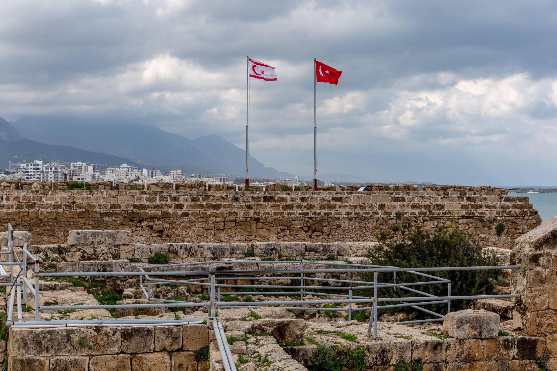 Flags of Turkey and Northern Cyprus, Kyrenia Castle, Kyrenia, N…