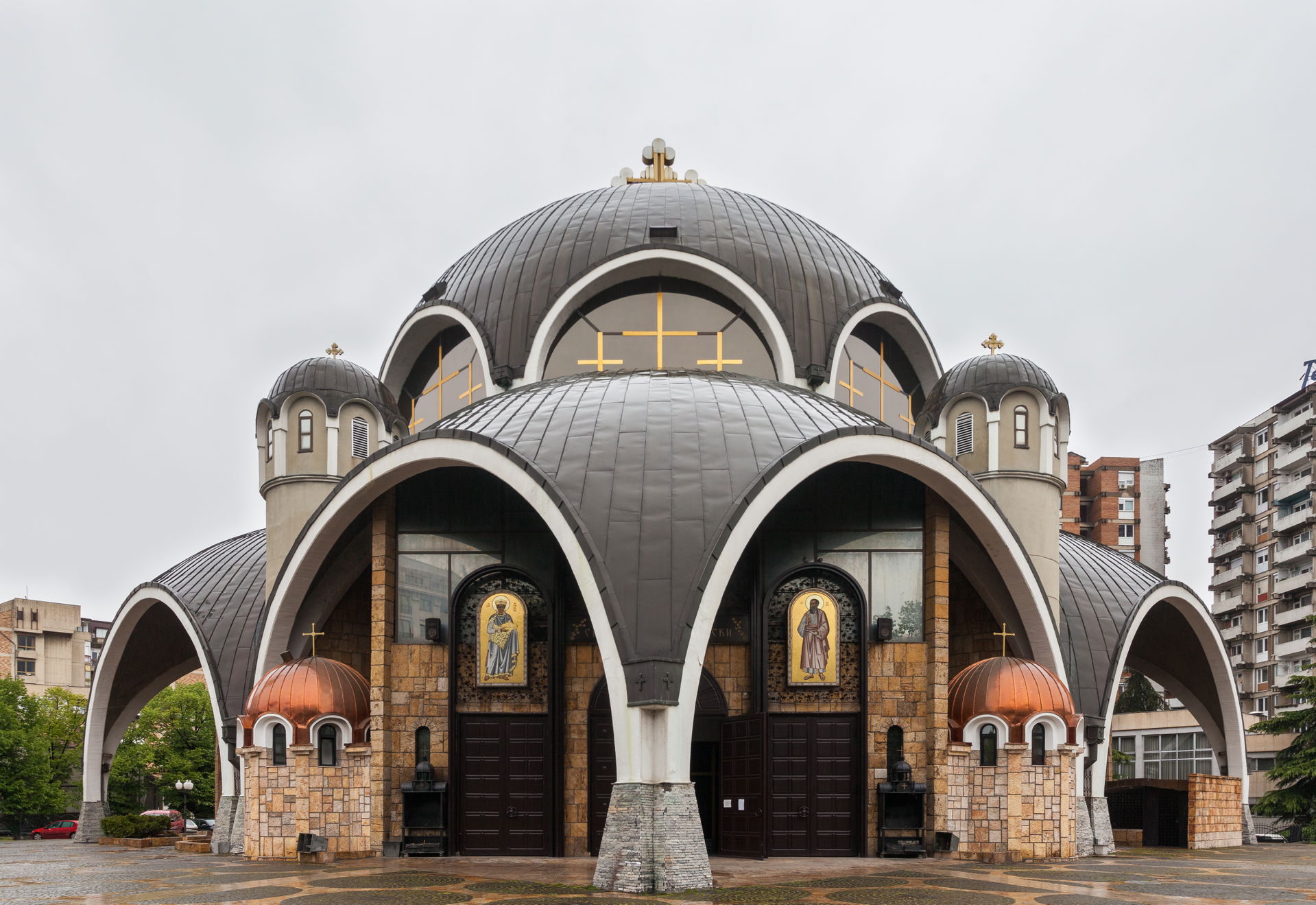 Frontal view of the church of St. Clement of Ohrid, Skopje, cap…