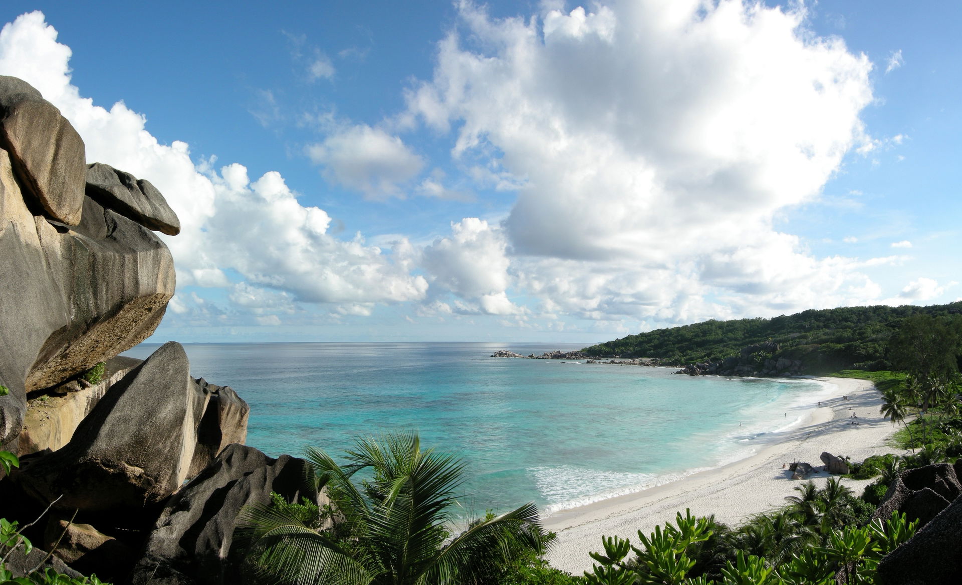 The spectacular beach of Grand Anse on the island of La Digue, …
