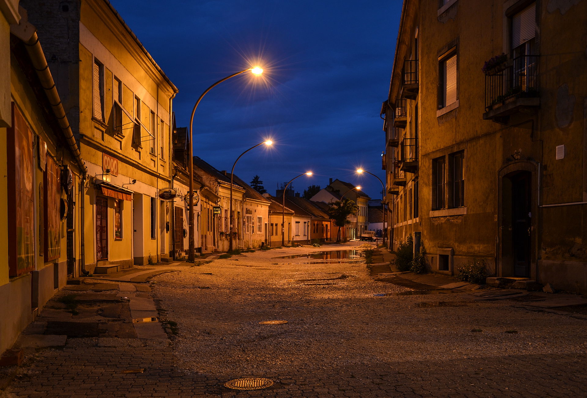 Night in Esztergom, Hungary - Simor János street during its rec…