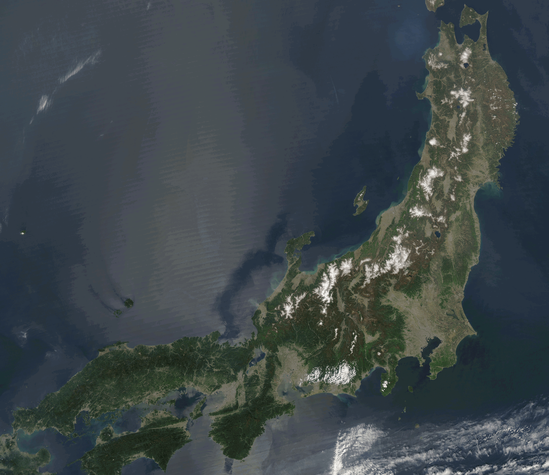 Satellite image of Honshu, the biggest island of Japan. Taken f…