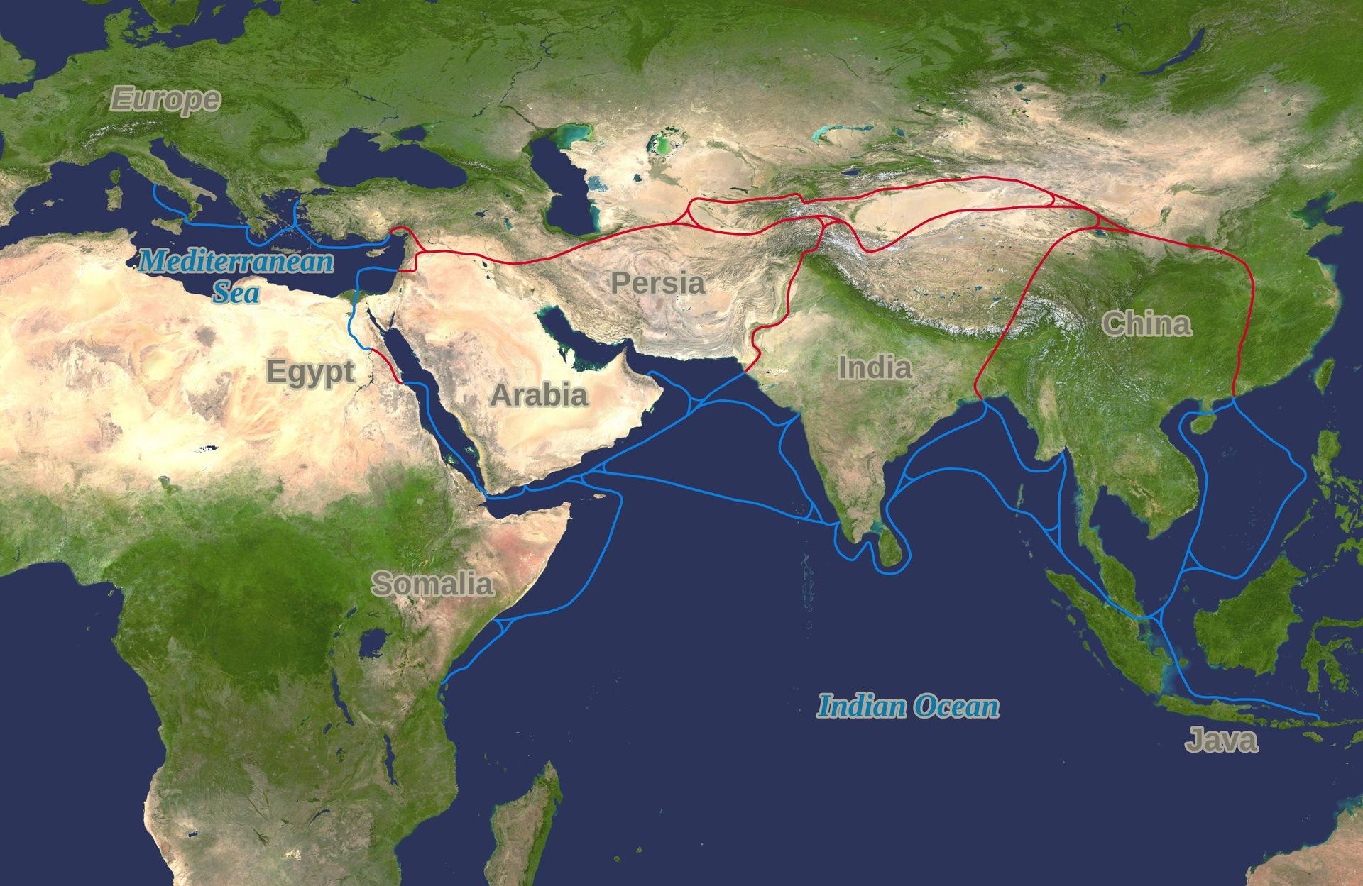 Extent of Silk Route/Silk Road. Red is land route and the blue …