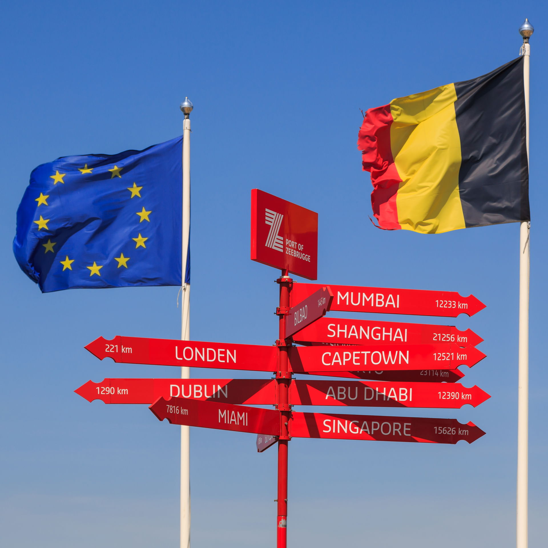 Zeebrugge, Belgium: Signpost in front of the lifting bridge in …