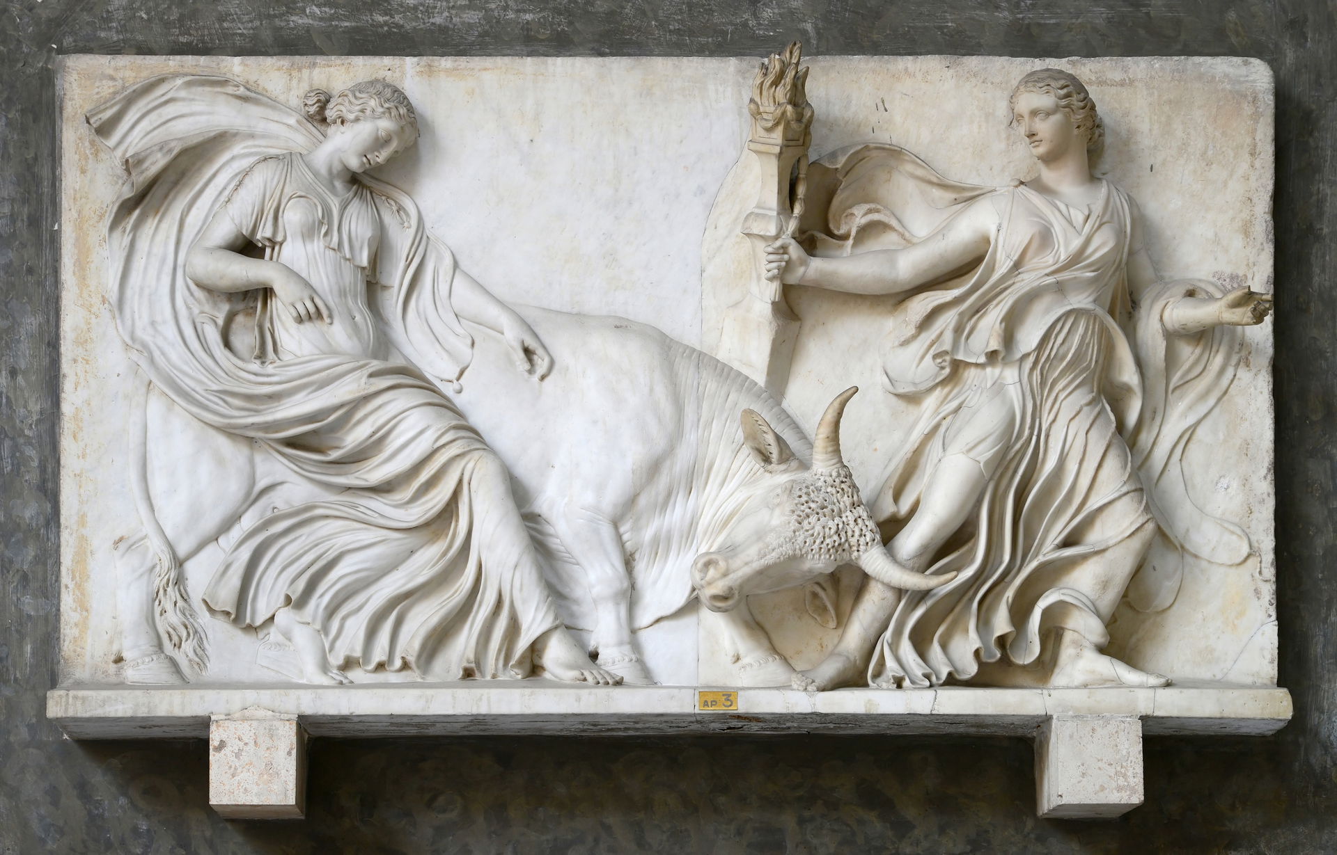 Two bacchantes and a bull, probably a sacrificial one. Unknown …