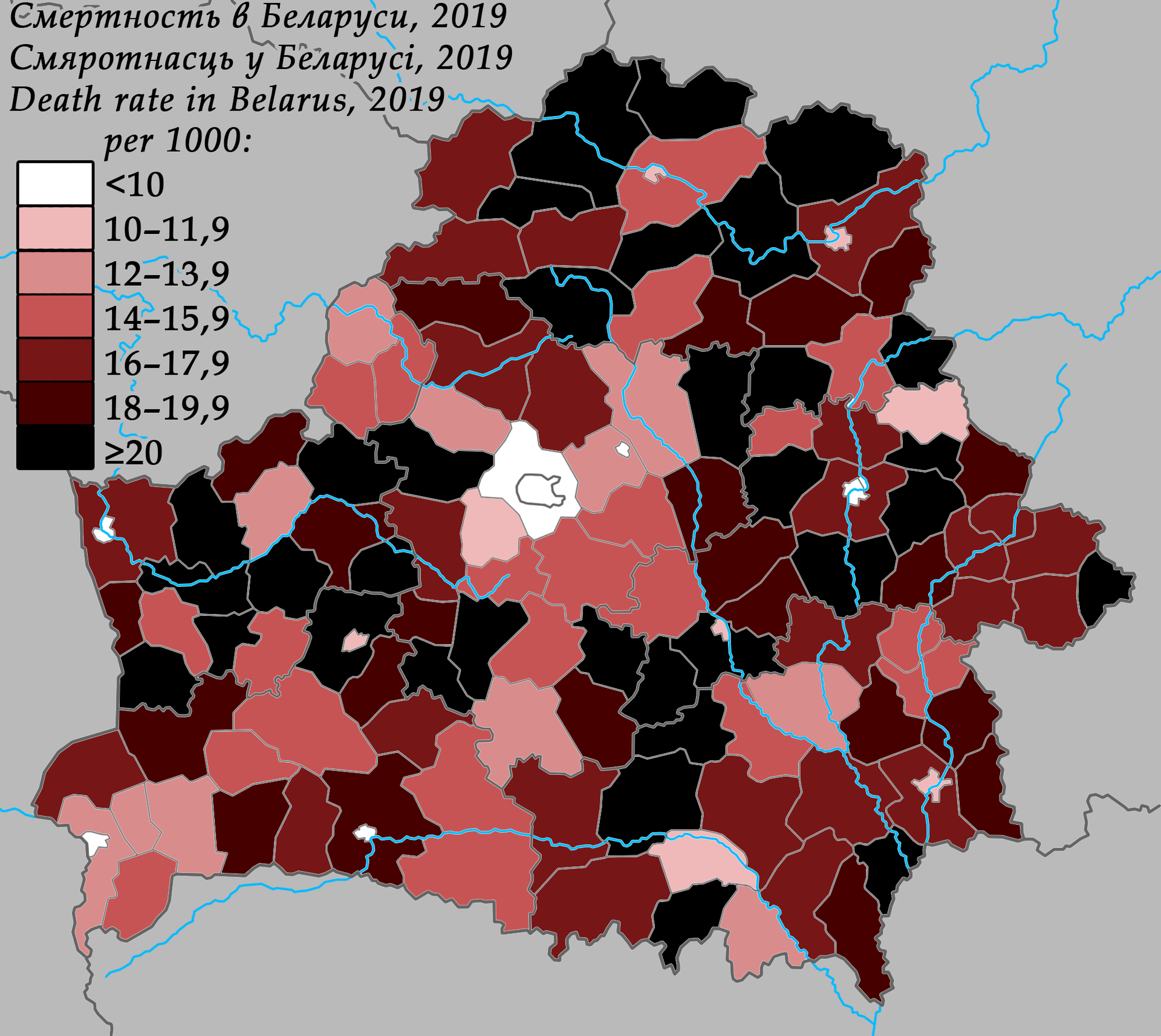 Death rate (mortality rate) in Belarus by districts, 2019