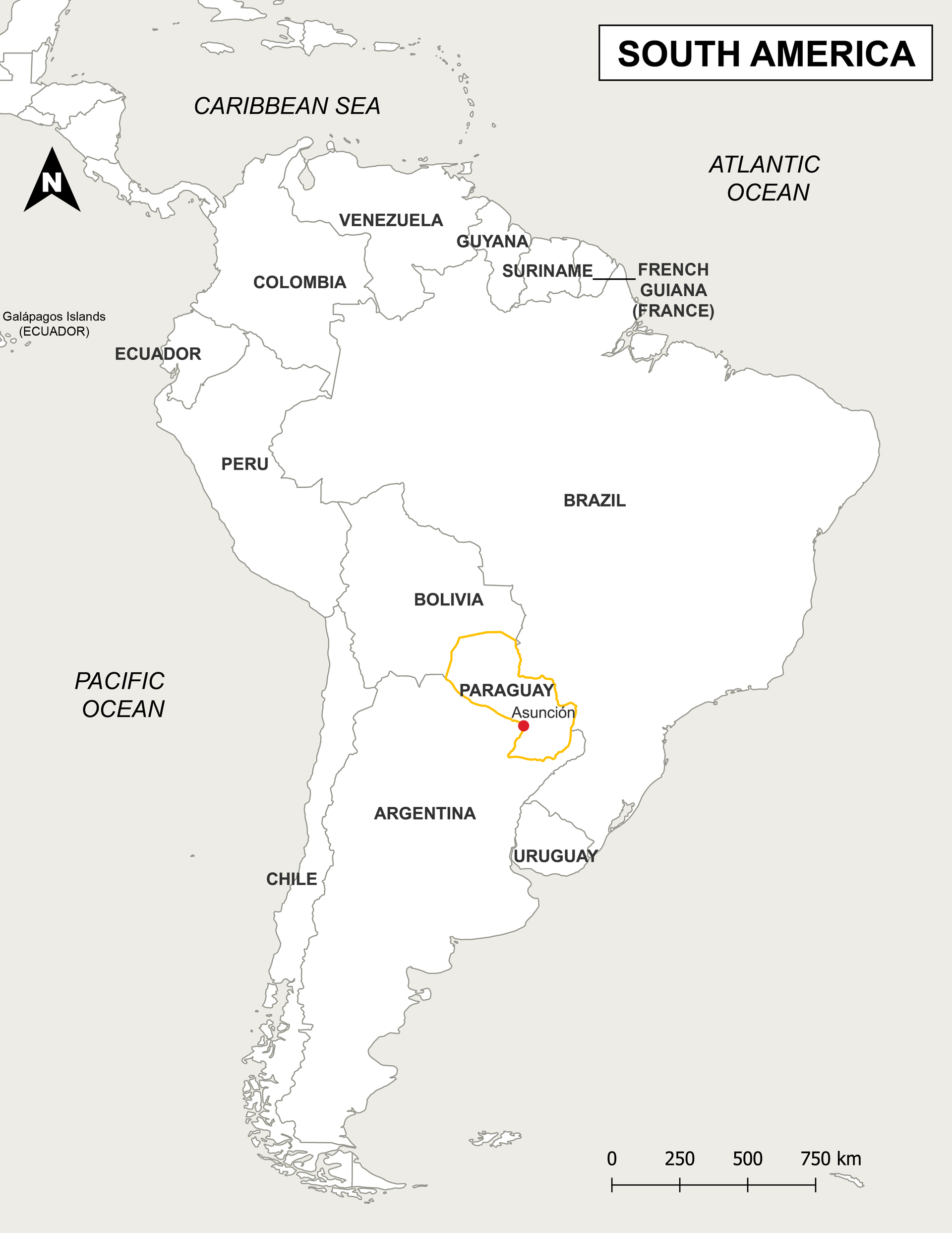 This is a map of South America showing the outline and capital …