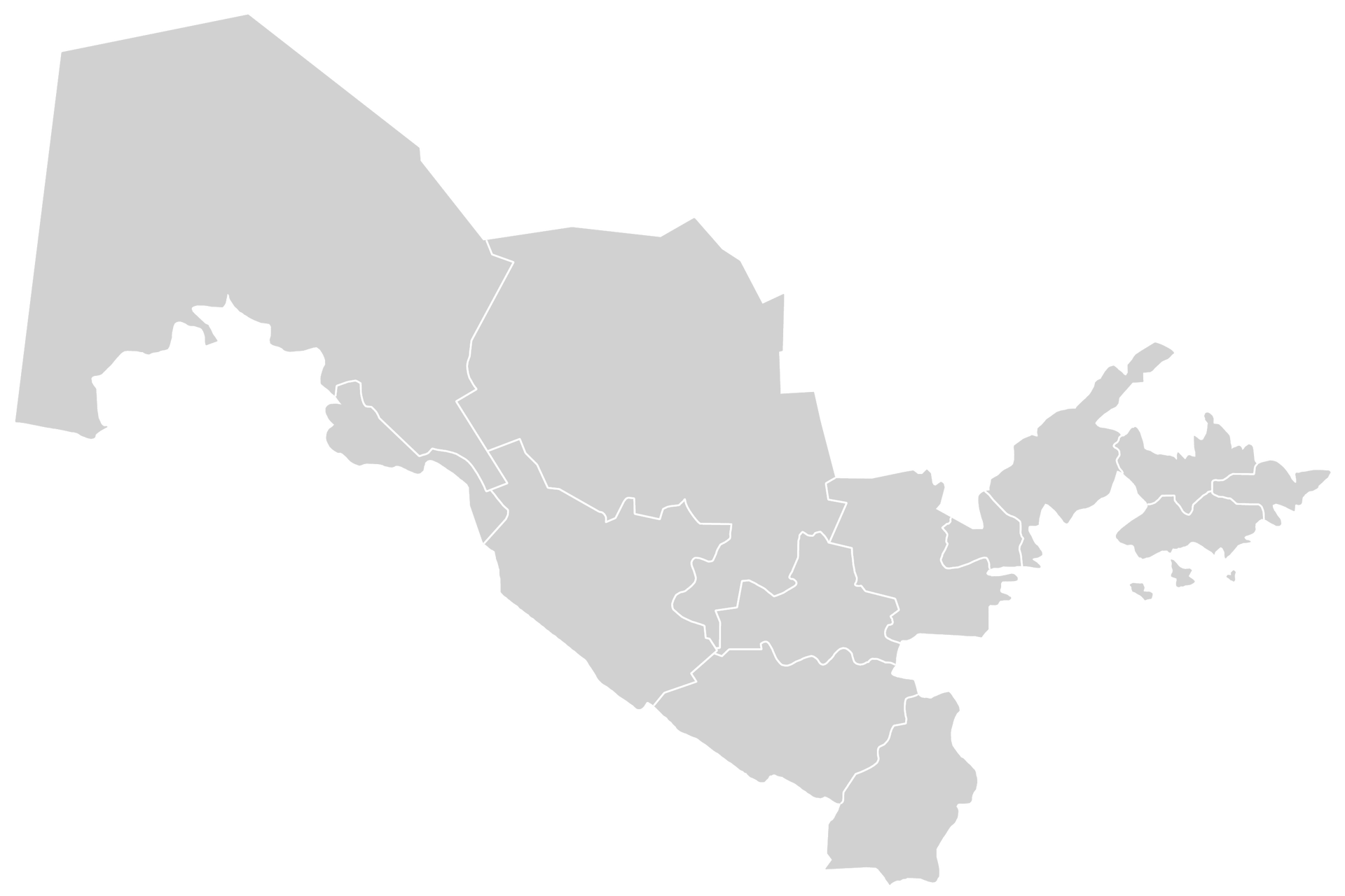A blank map of the Uzbekistan. Uses the Albers projection.