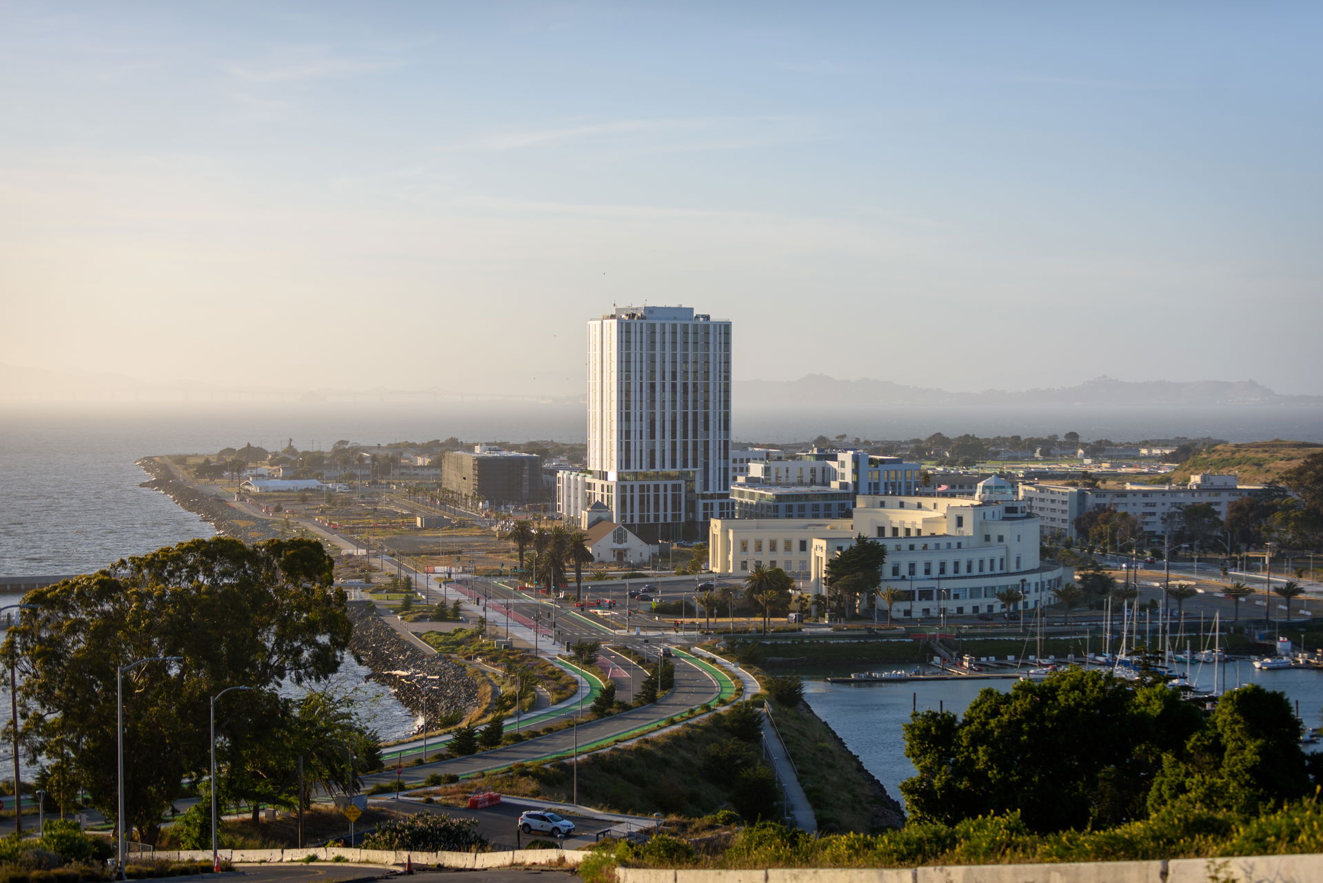 The sun sets on Treasure Island, San Francisco in May 2025.