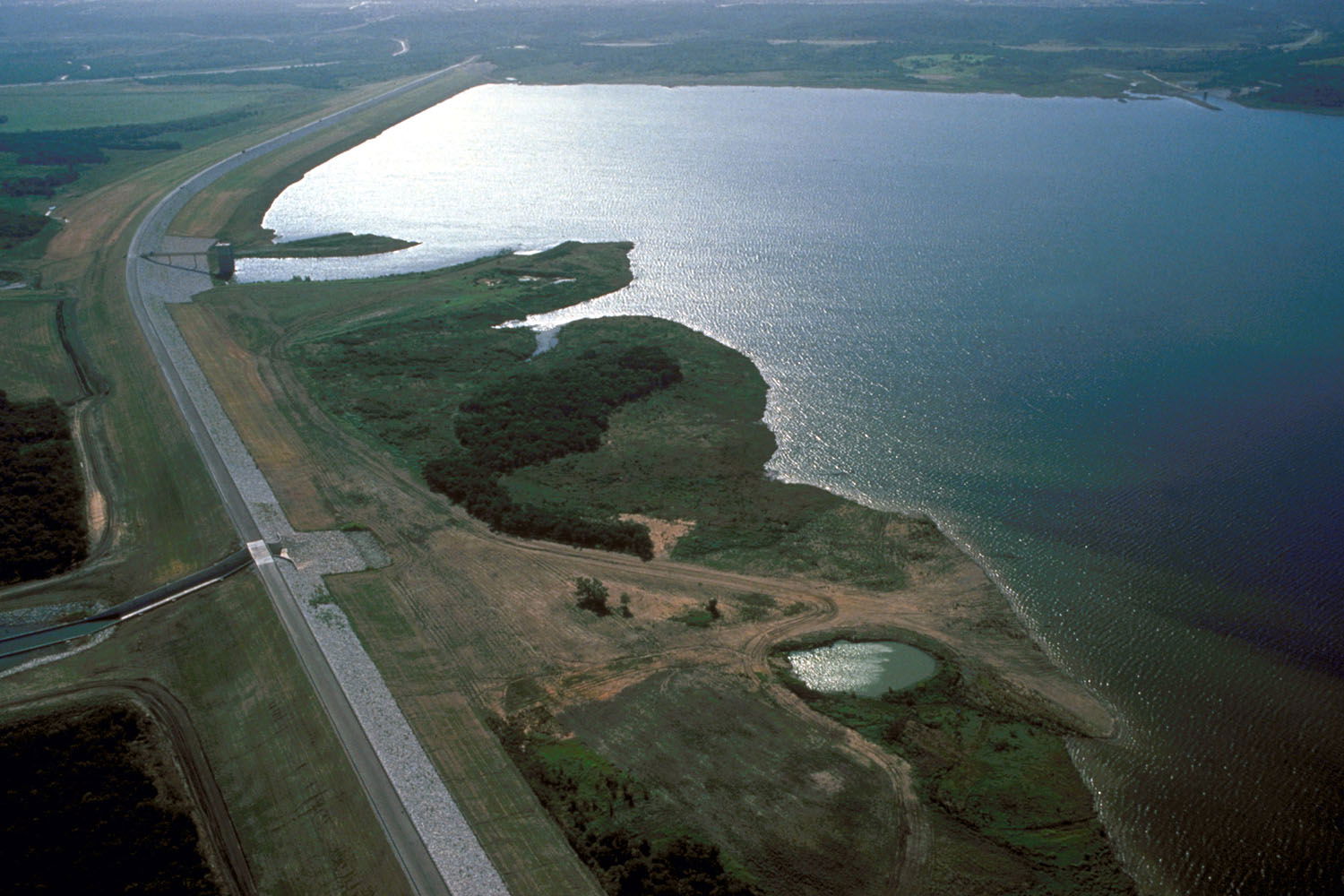 Aerial view of Joe Pool Lake and Dam in the Dallas-Fort Worth m…