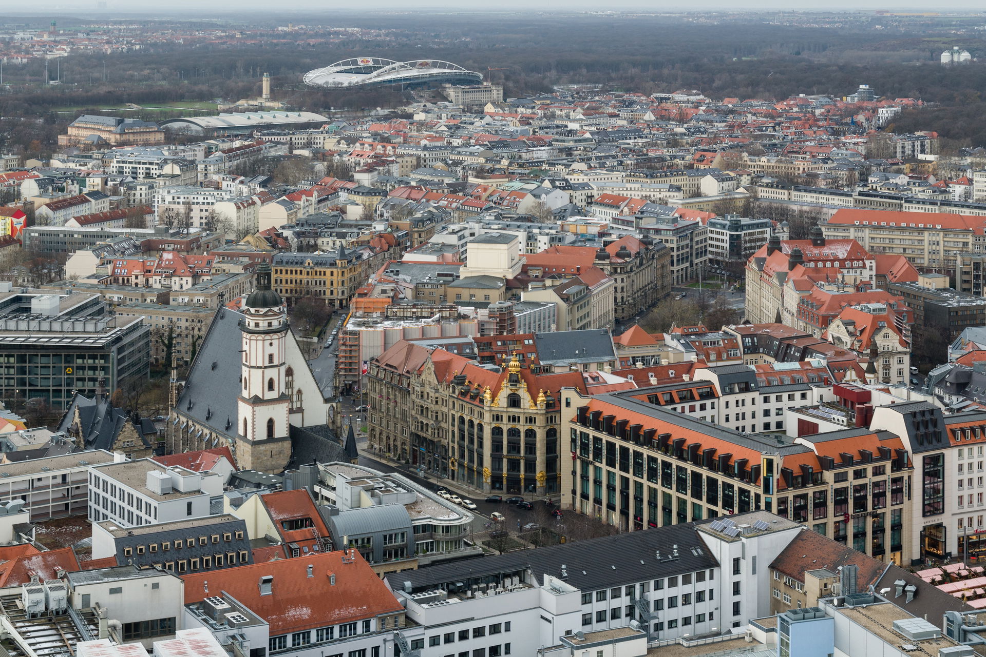 View over inner city of Leipzig with Thomaskirche