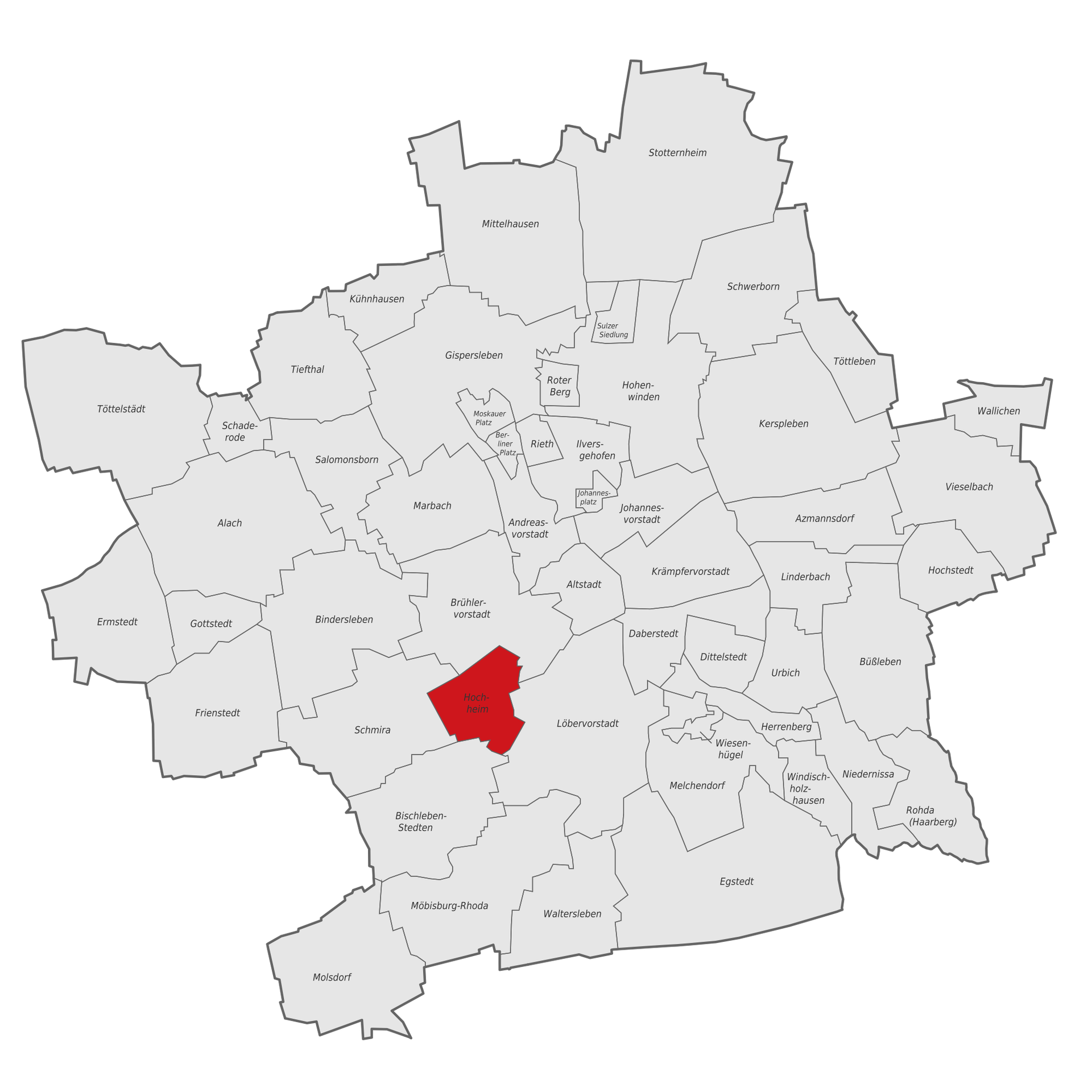 Karte des Stadtgebietes von Erfurt mit Hervorhebung des Ortstei…