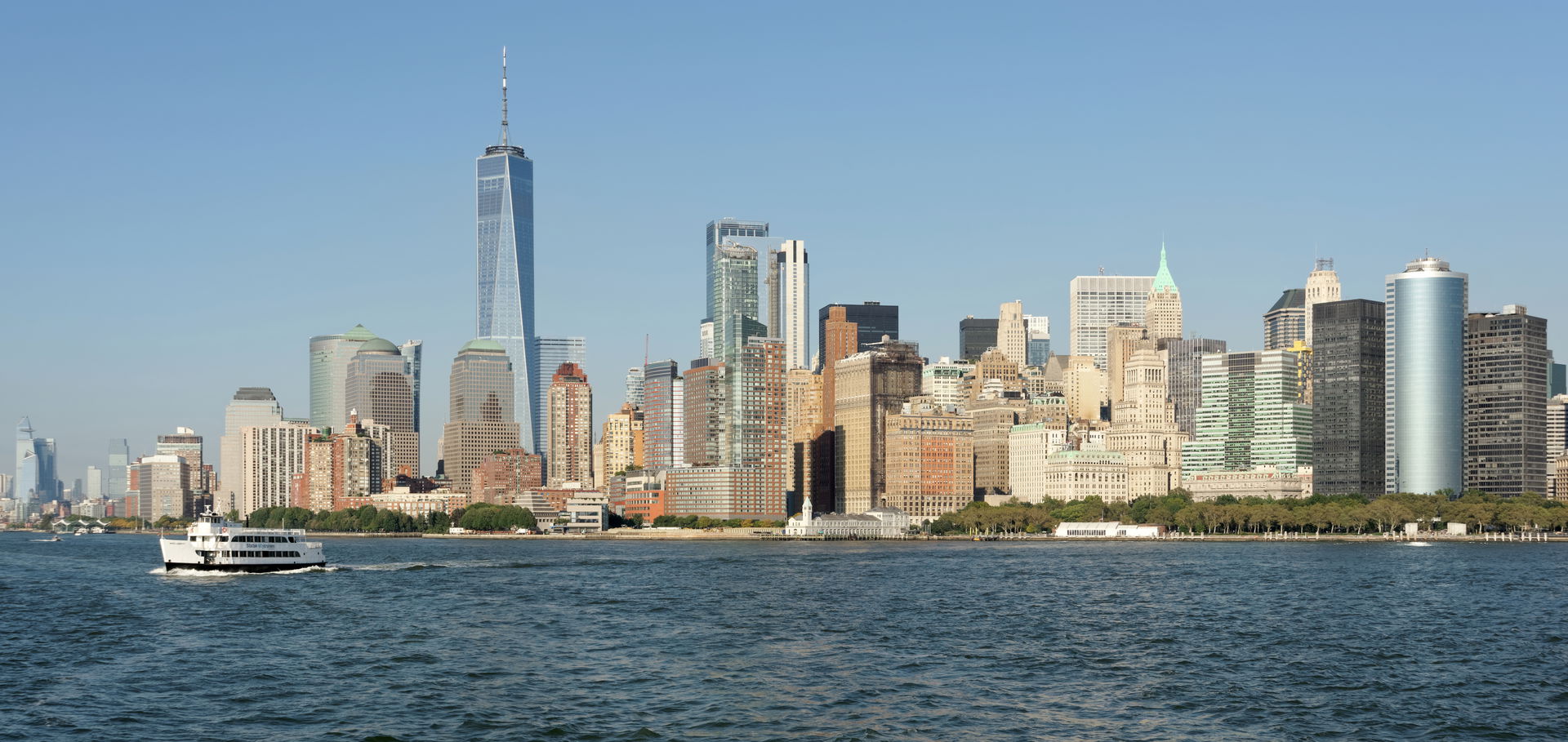View of Lower Manhattan from Liberty Island ferry, New York City