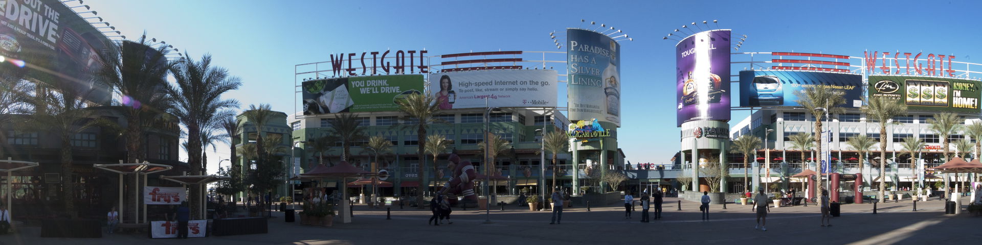 A panoramic view of Westgate City Center from the ground level.