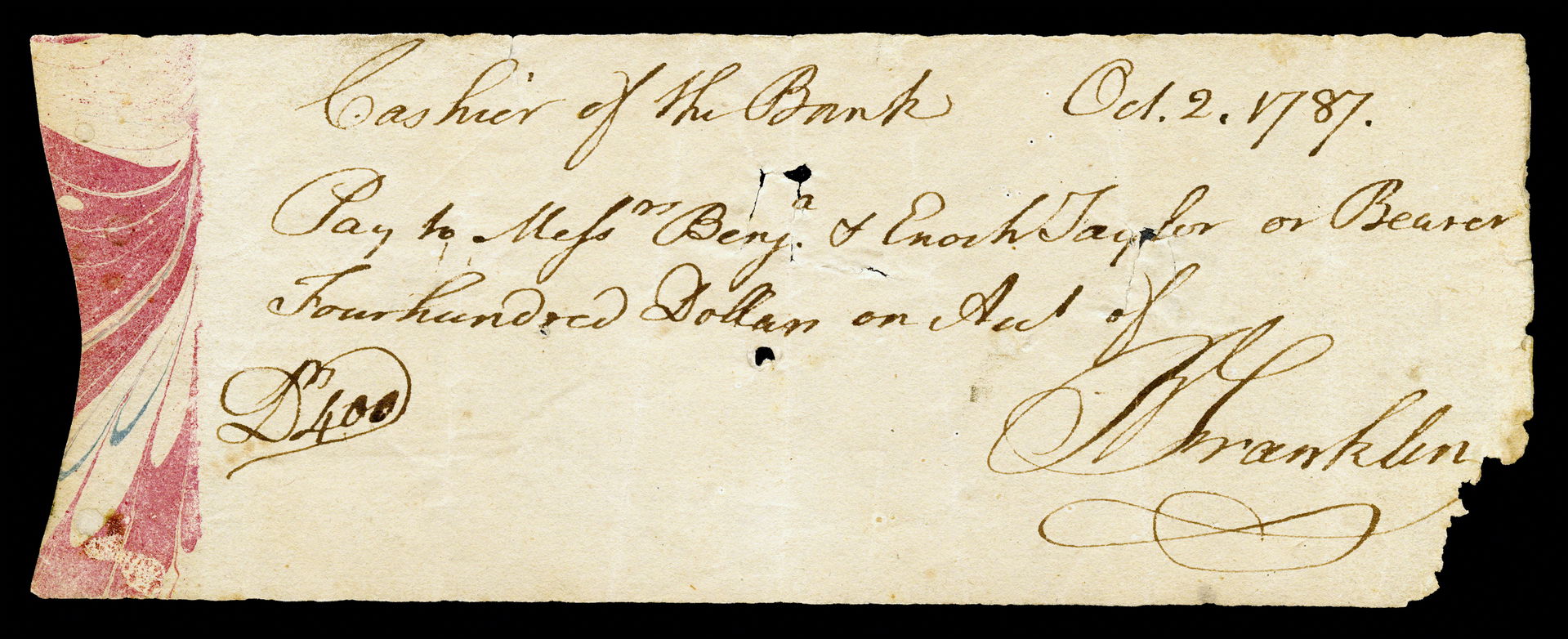 Autograph cheque signed by Benjamin Franklin during his term as…