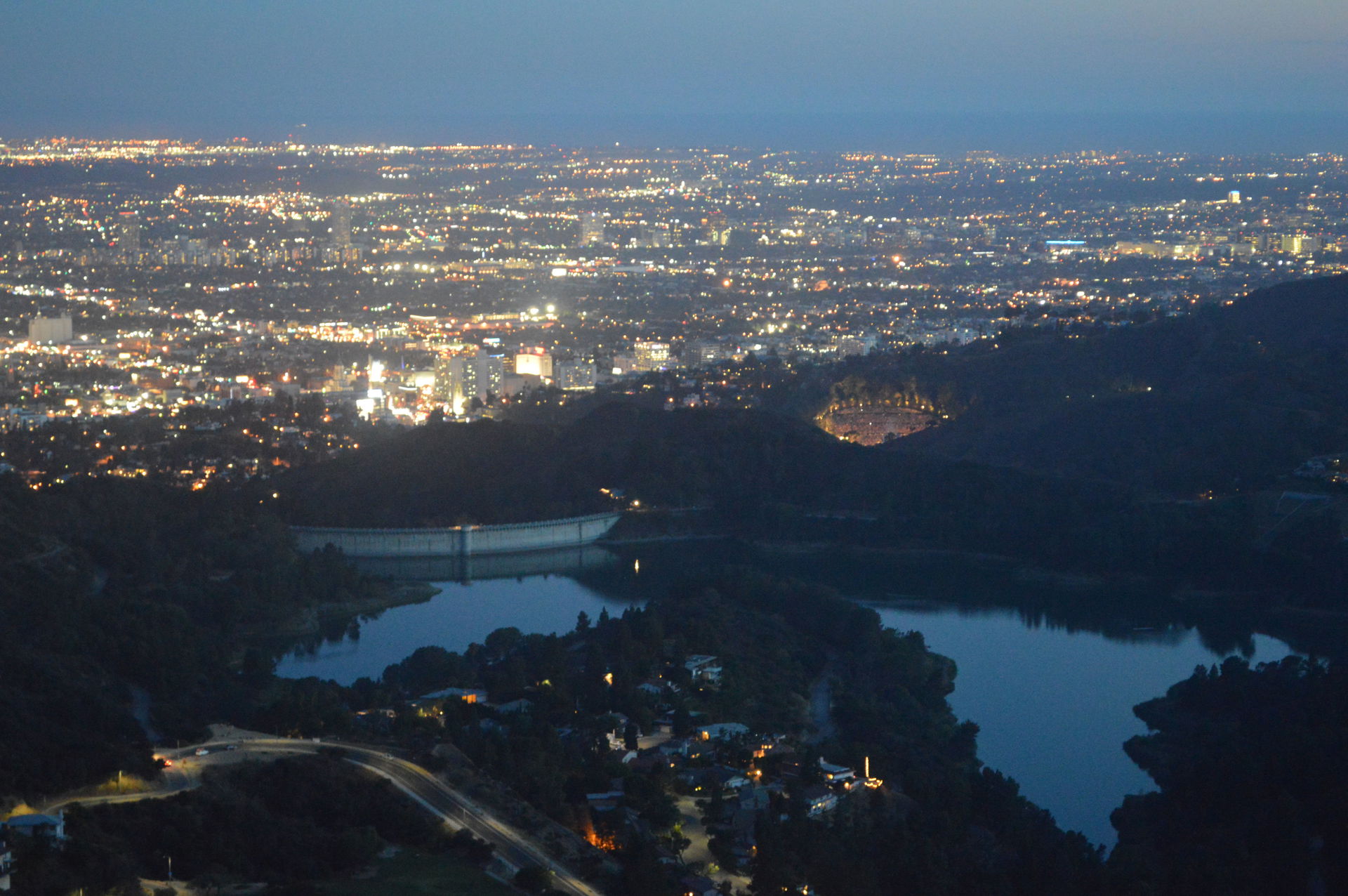 Lake Hollywood from above Hollywood Sign, twilight