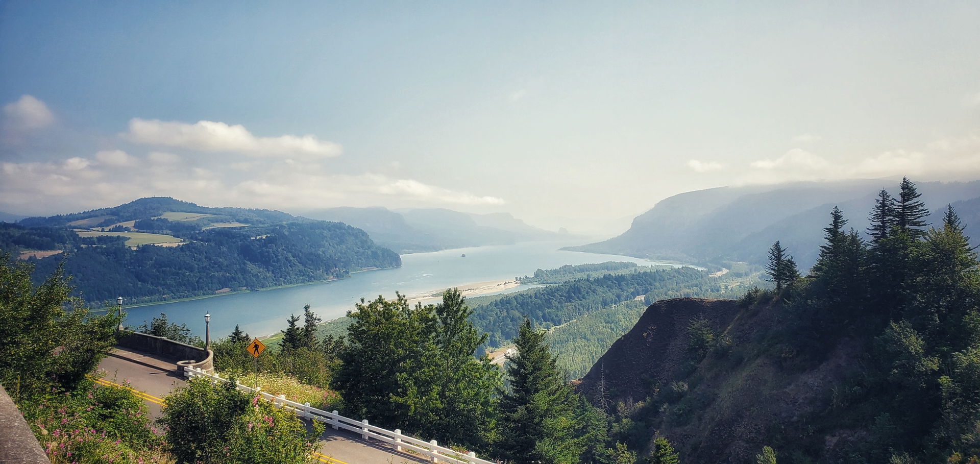 A photograph of the Columbia River Gorge from the Vista House a…