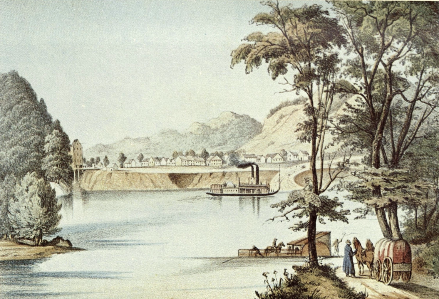 Illustration of Bellevue, Iowa from the Mississippi River facin…