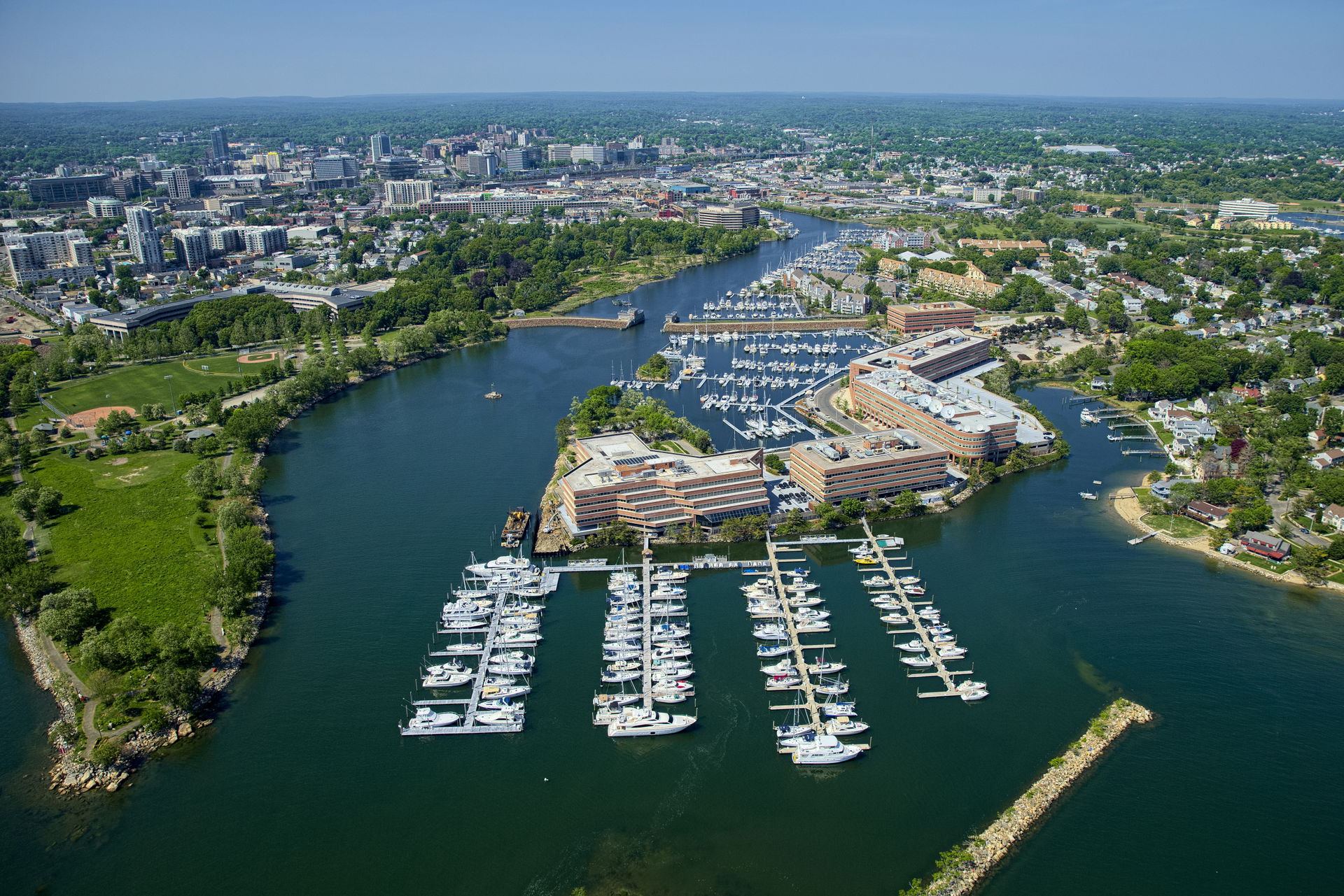 Stamford, Connecticut skyline aerial with Shippan Point and the…