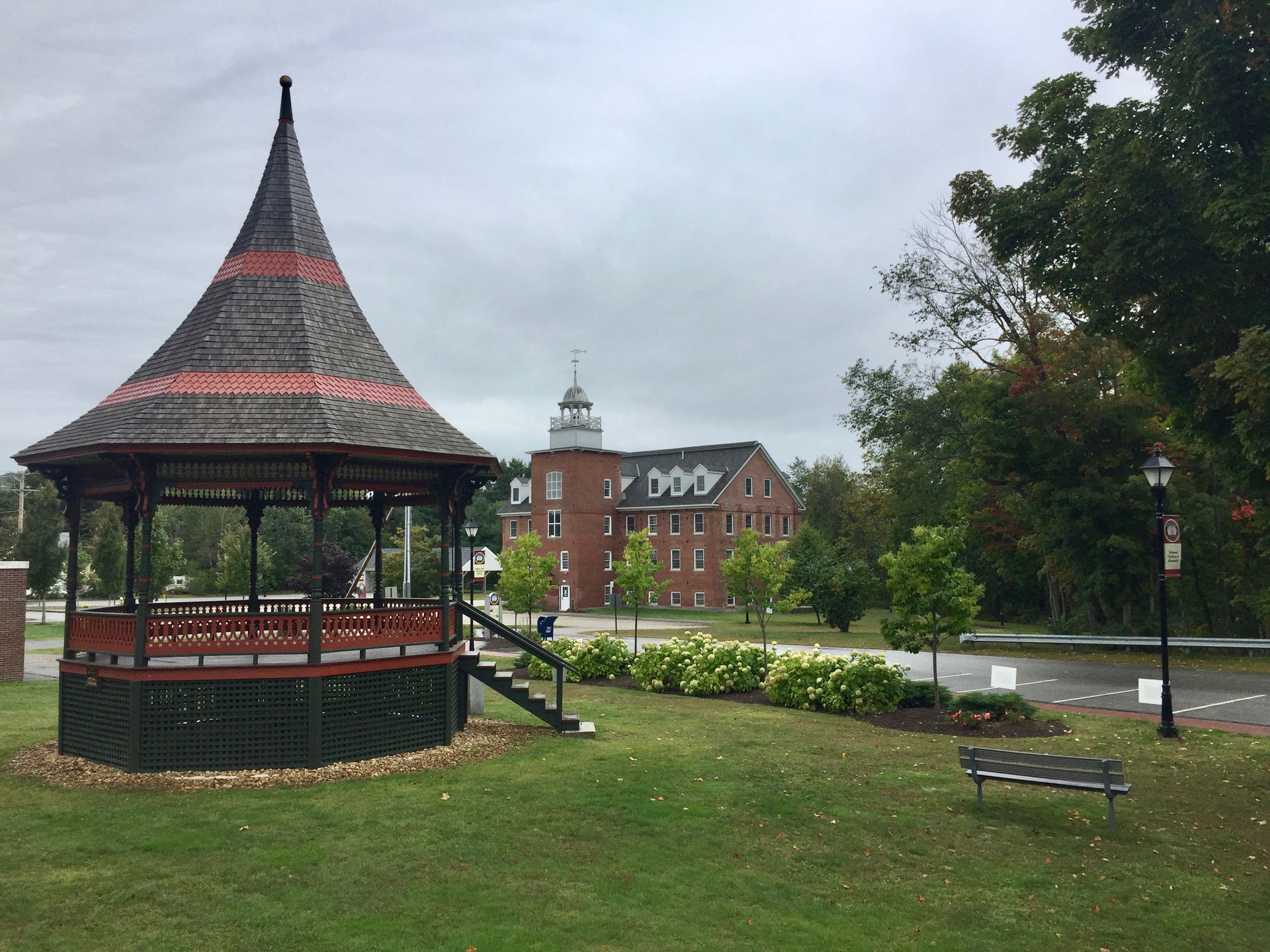 Village bandstand and Belmont Mill in Belmont.