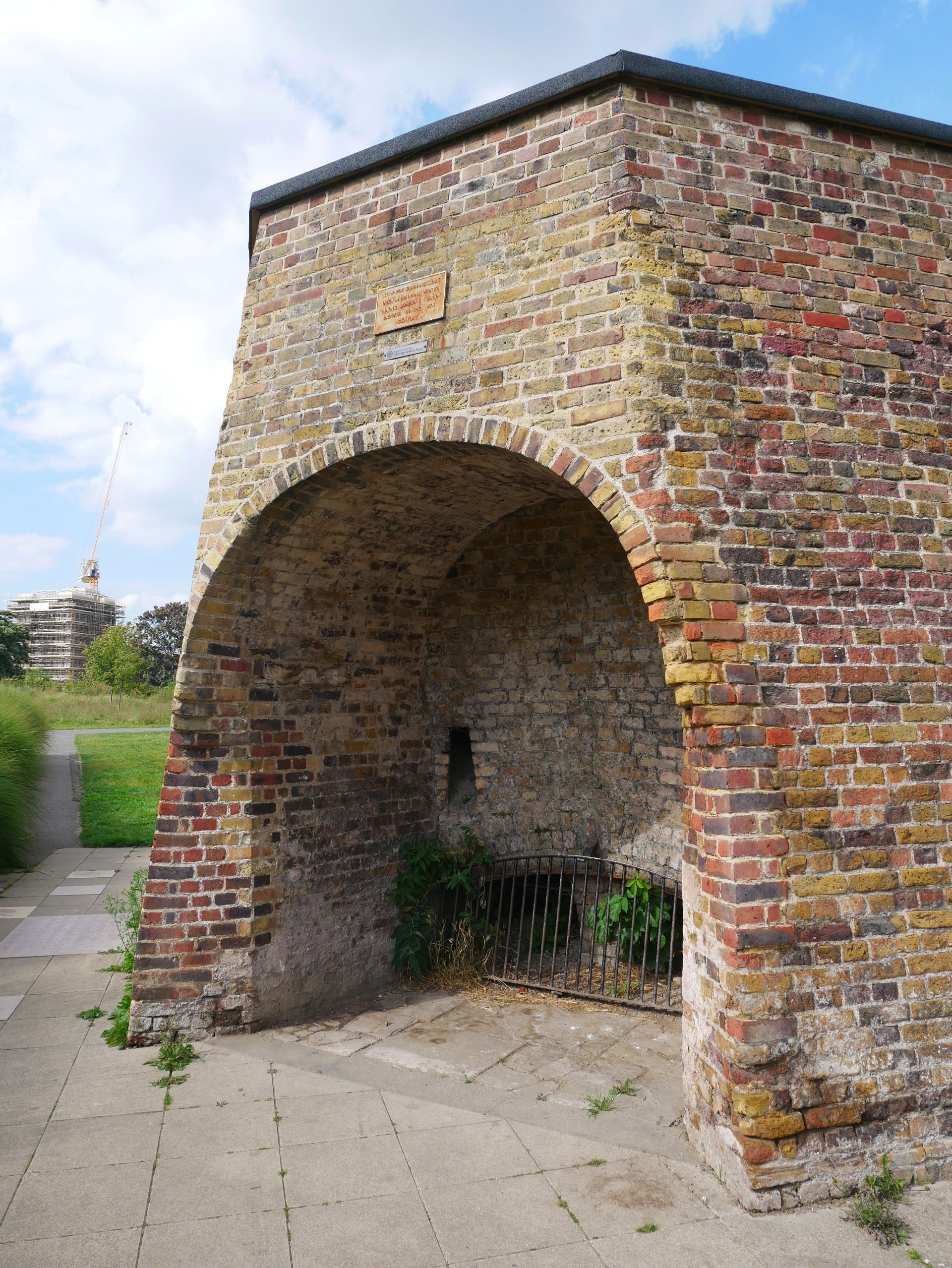 Southeast view of the listed lime kiln in Burgess Park.