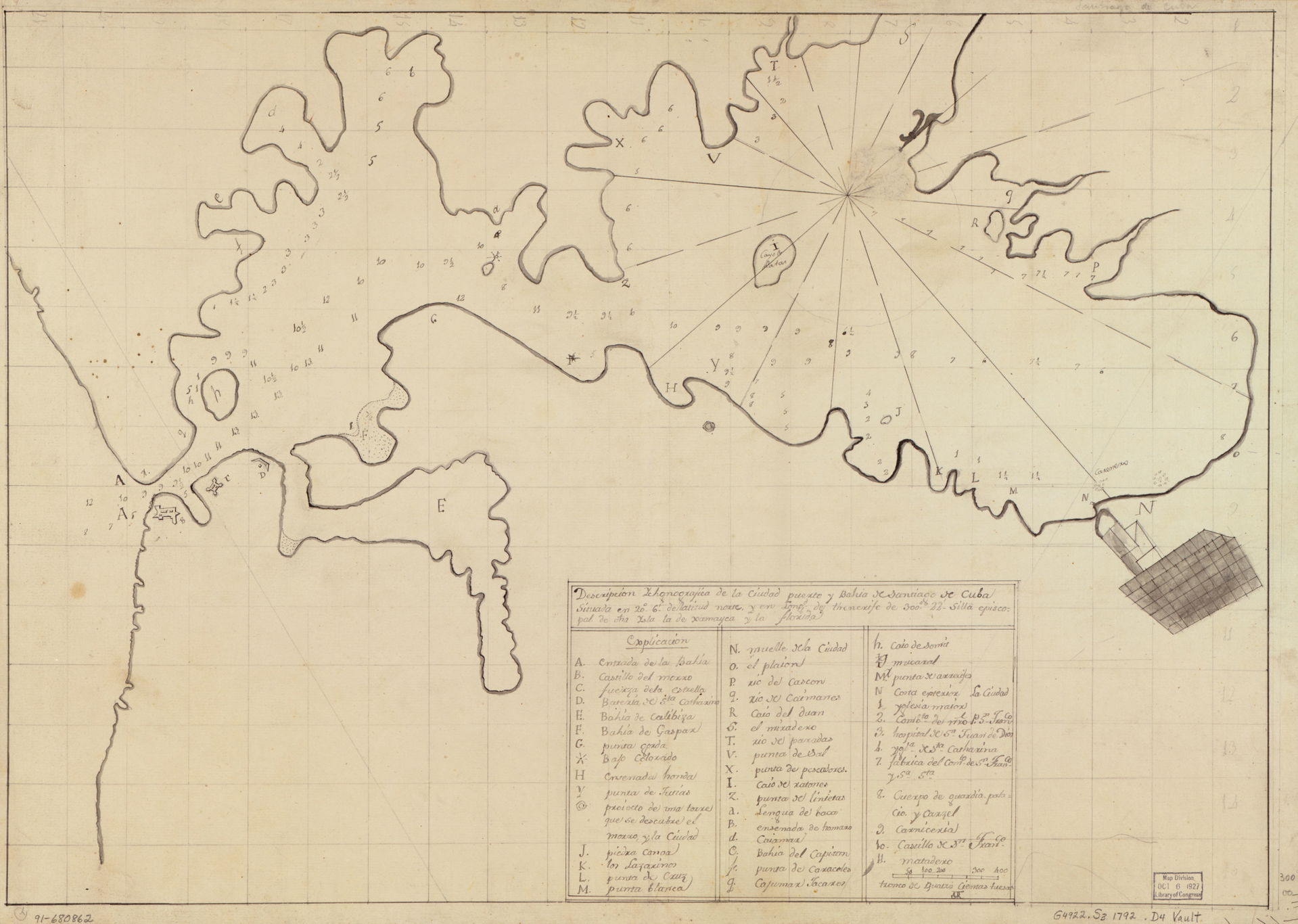 Depths shown by soundings. Prime meridian: Tenerife. Oriented w…